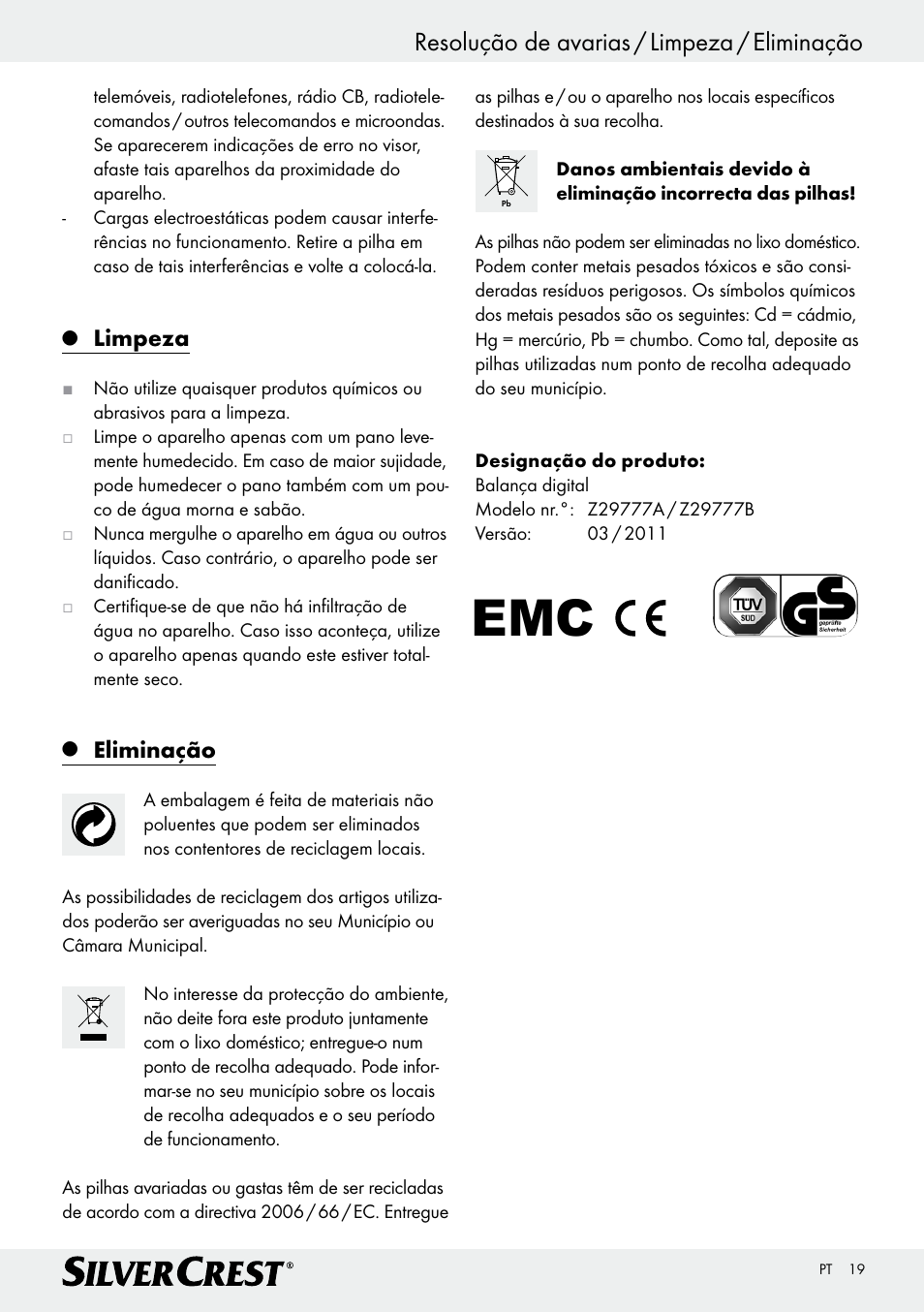 Resolução de avarias / limpeza / eliminação, Limpeza, Eliminação | Silvercrest Z29777A/ Z29777B User Manual | Page 19 / 30