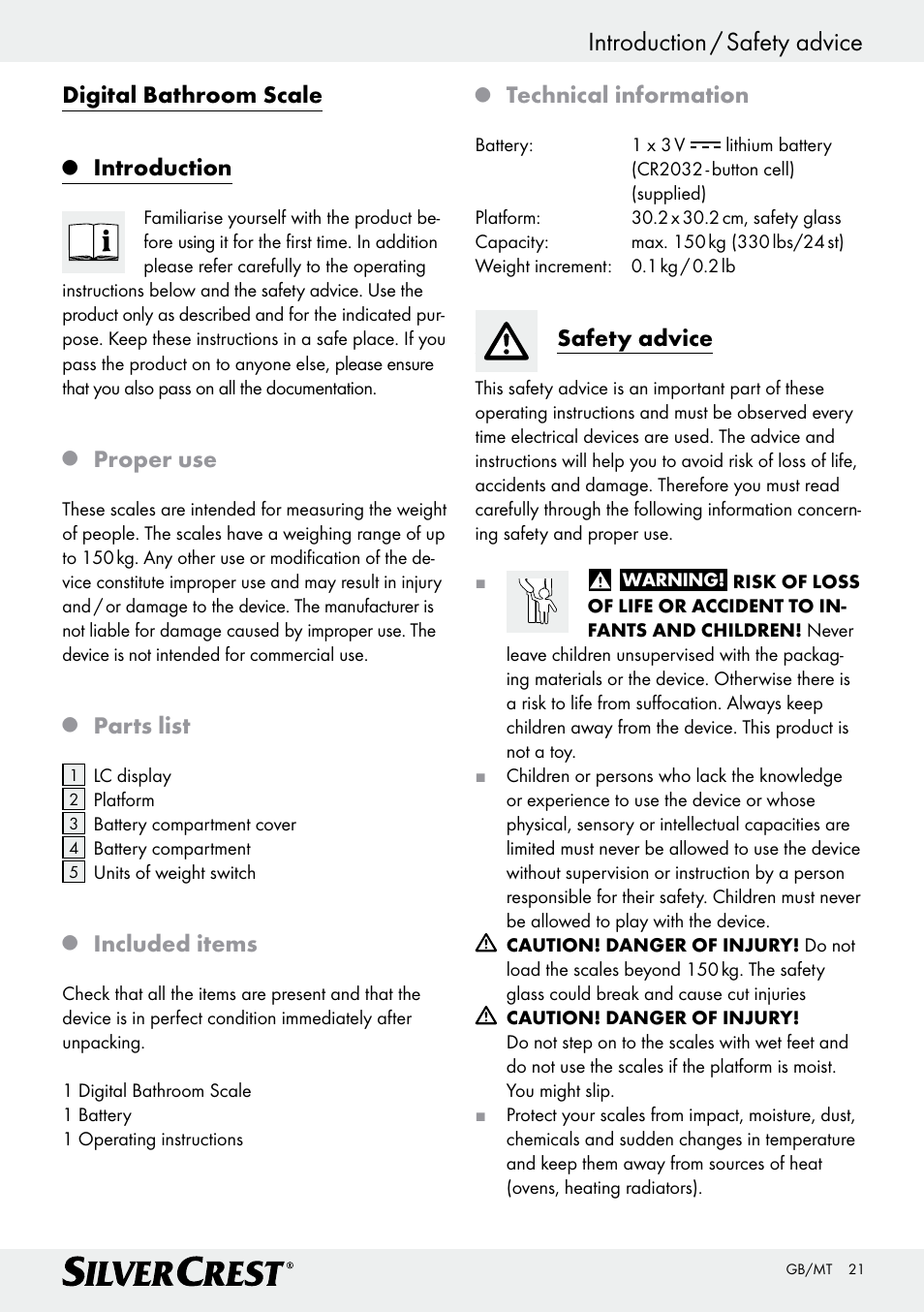 Introduction / safety advice, Digital bathroom scale, Introduction | Proper use, Parts list, Included items, Technical information, Safety advice | Silvercrest Z29777A/ Z29777B User Manual | Page 21 / 30
