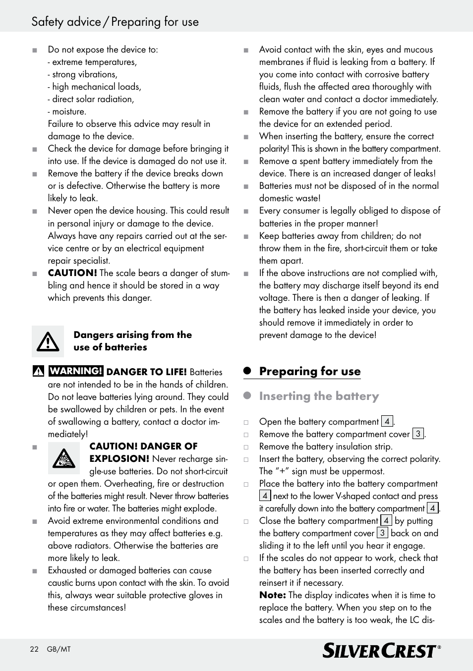 Safety advice / preparing for use, Preparing for use, Inserting the battery | Silvercrest Z29777A/ Z29777B User Manual | Page 22 / 30
