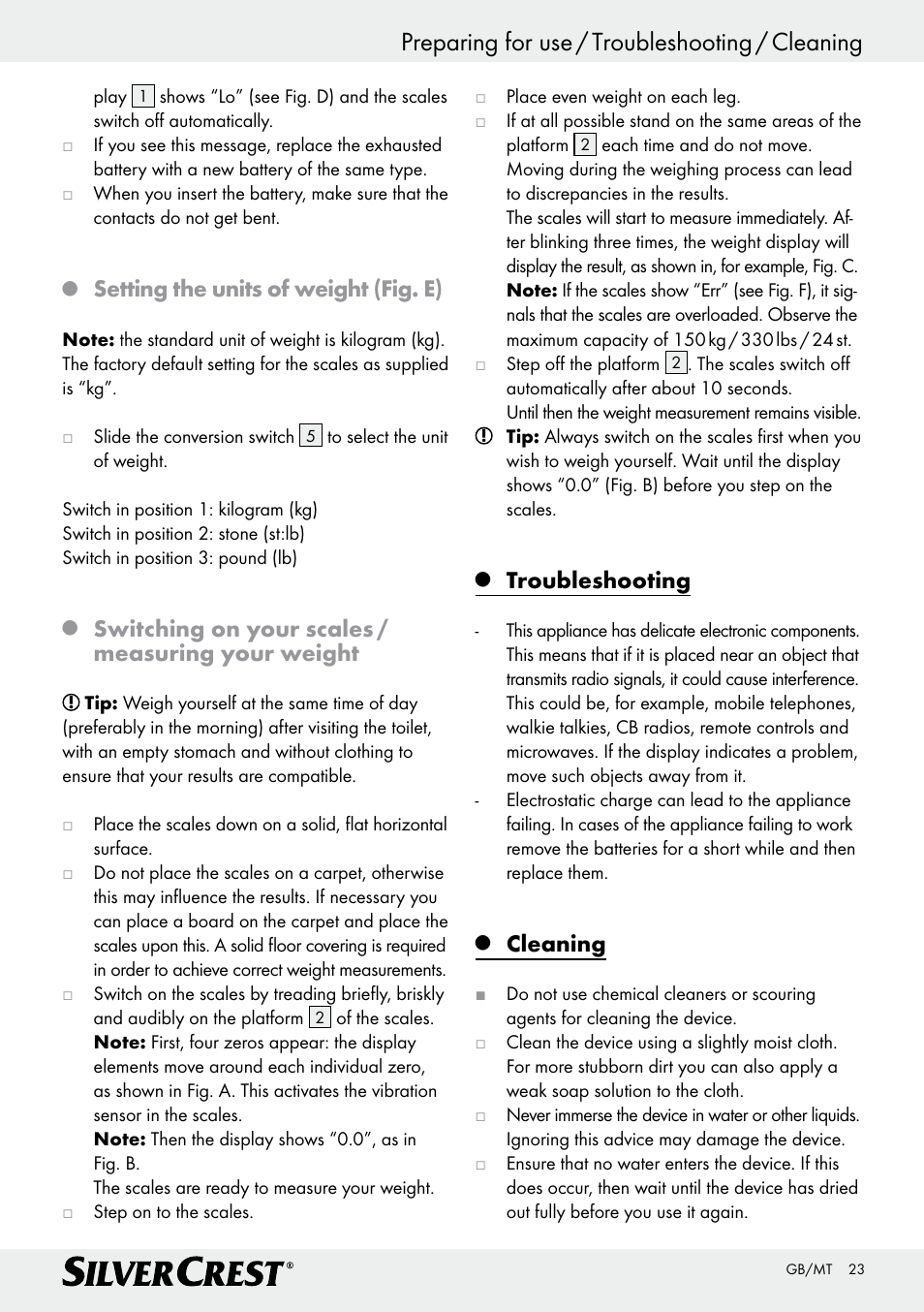 Preparing for use / troubleshooting / cleaning, Setting the units of weight (fig. e), Switching on your scales / measuring your weight | Troubleshooting, Cleaning | Silvercrest Z29777A/ Z29777B User Manual | Page 23 / 30