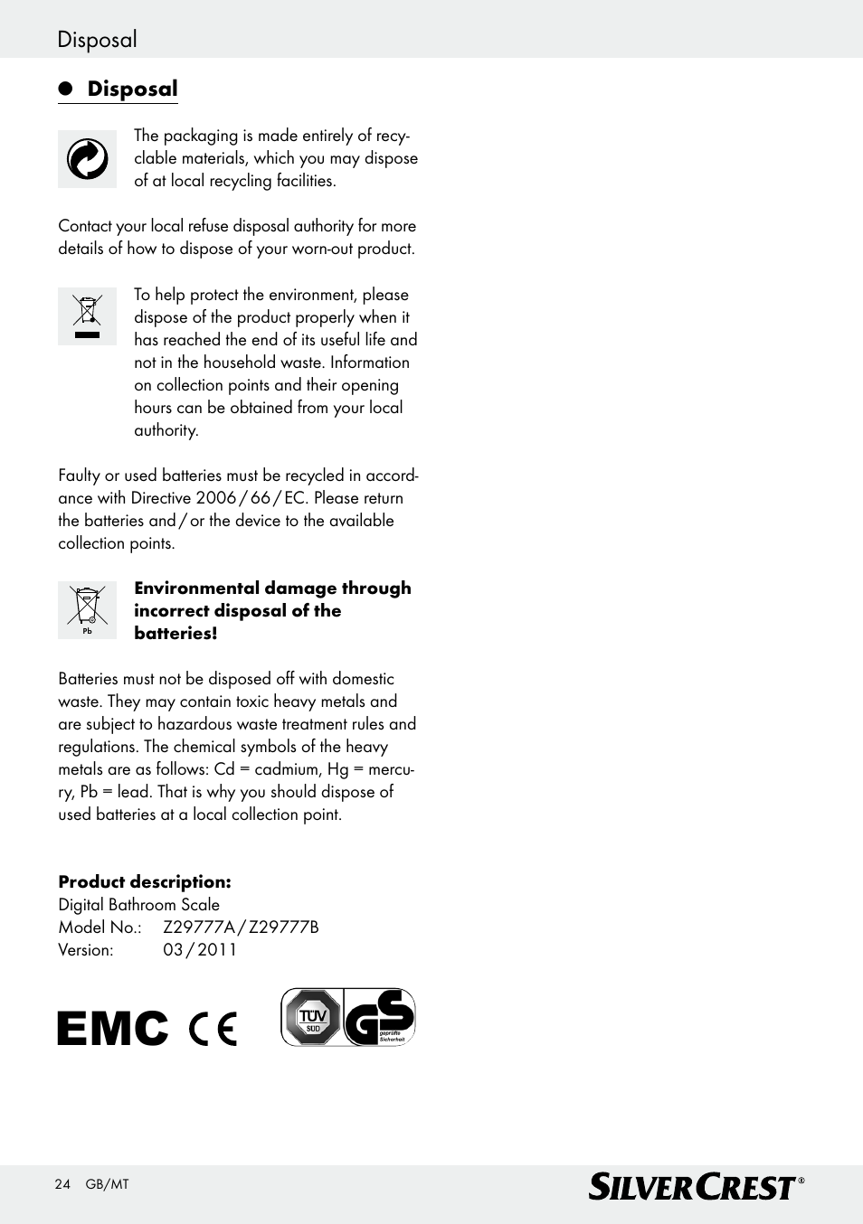 Disposal | Silvercrest Z29777A/ Z29777B User Manual | Page 24 / 30