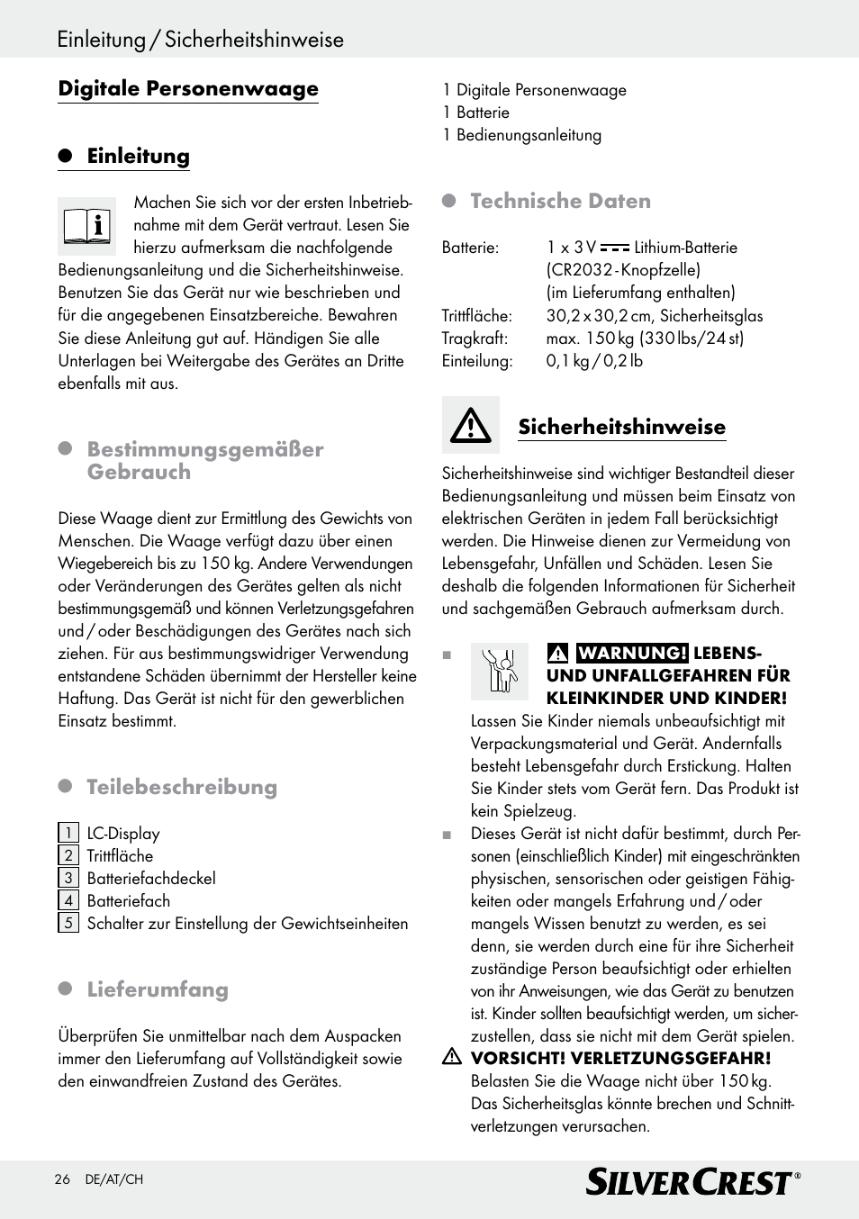 Einleitung / sicherheitshinweise, Digitale personenwaage, Einleitung | Bestimmungsgemäßer gebrauch, Teilebeschreibung, Lieferumfang, Technische daten, Sicherheitshinweise | Silvercrest Z29777A/ Z29777B User Manual | Page 26 / 30