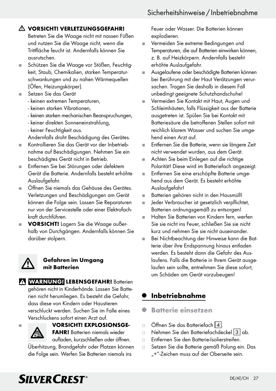 Sicherheitshinweise / inbetriebnahme, Inbetriebnahme, Batterie einsetzen | Silvercrest Z29777A/ Z29777B User Manual | Page 27 / 30