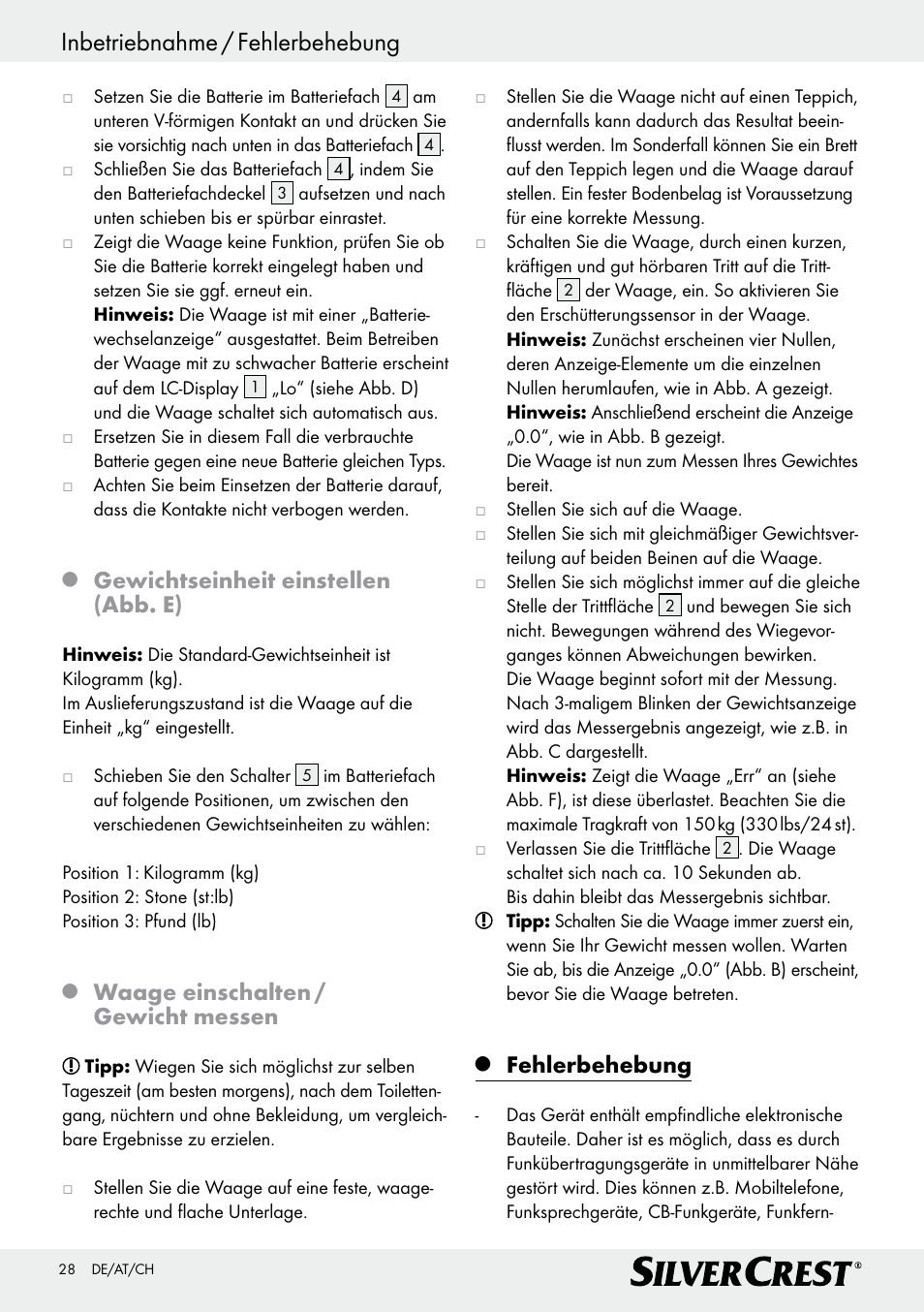 Inbetriebnahme / fehlerbehebung, Gewichtseinheit einstellen (abb. e), Waage einschalten / gewicht messen | Fehlerbehebung | Silvercrest Z29777A/ Z29777B User Manual | Page 28 / 30