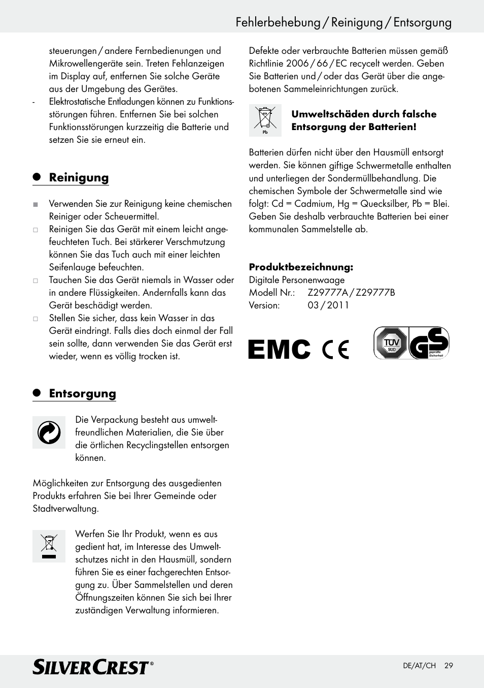 Fehlerbehebung / reinigung / entsorgung, Reinigung, Entsorgung | Silvercrest Z29777A/ Z29777B User Manual | Page 29 / 30