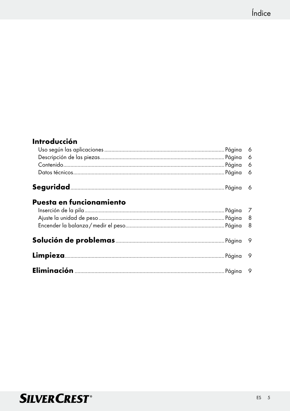 Índice, Introducción, Seguridad | Puesta en funcionamiento, Solución de problemas, Limpieza, Eliminación | Silvercrest Z29777A/ Z29777B User Manual | Page 5 / 30