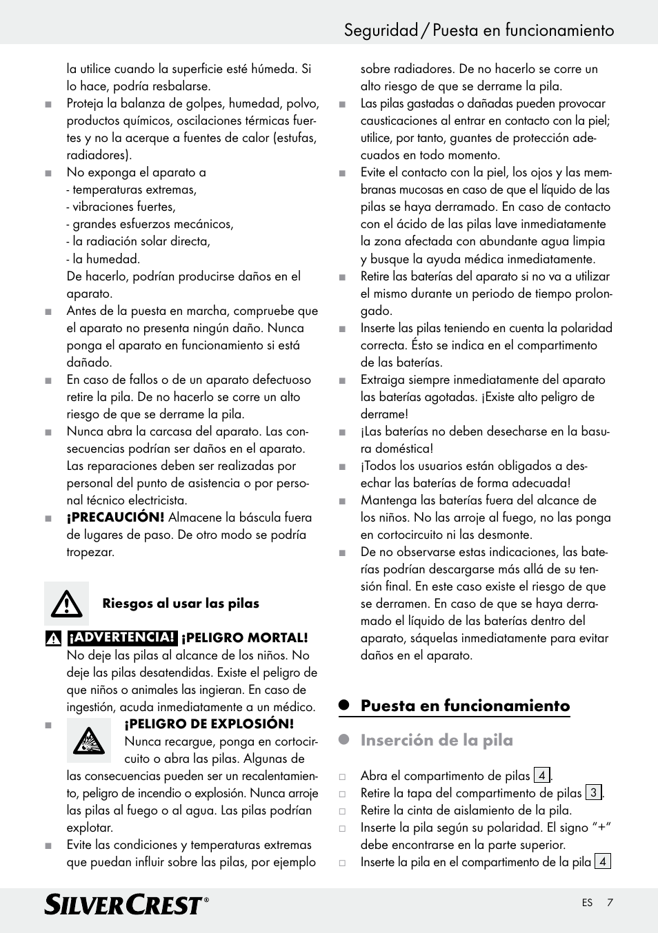 Seguridad / puesta en funcionamiento, Puesta en funcionamiento, Inserción de la pila | Silvercrest Z29777A/ Z29777B User Manual | Page 7 / 30