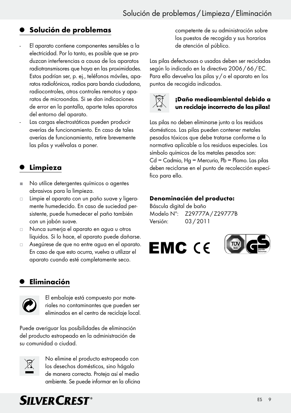 Solución de problemas / limpieza / eliminación, Solución de problemas, Limpieza | Eliminación | Silvercrest Z29777A/ Z29777B User Manual | Page 9 / 30