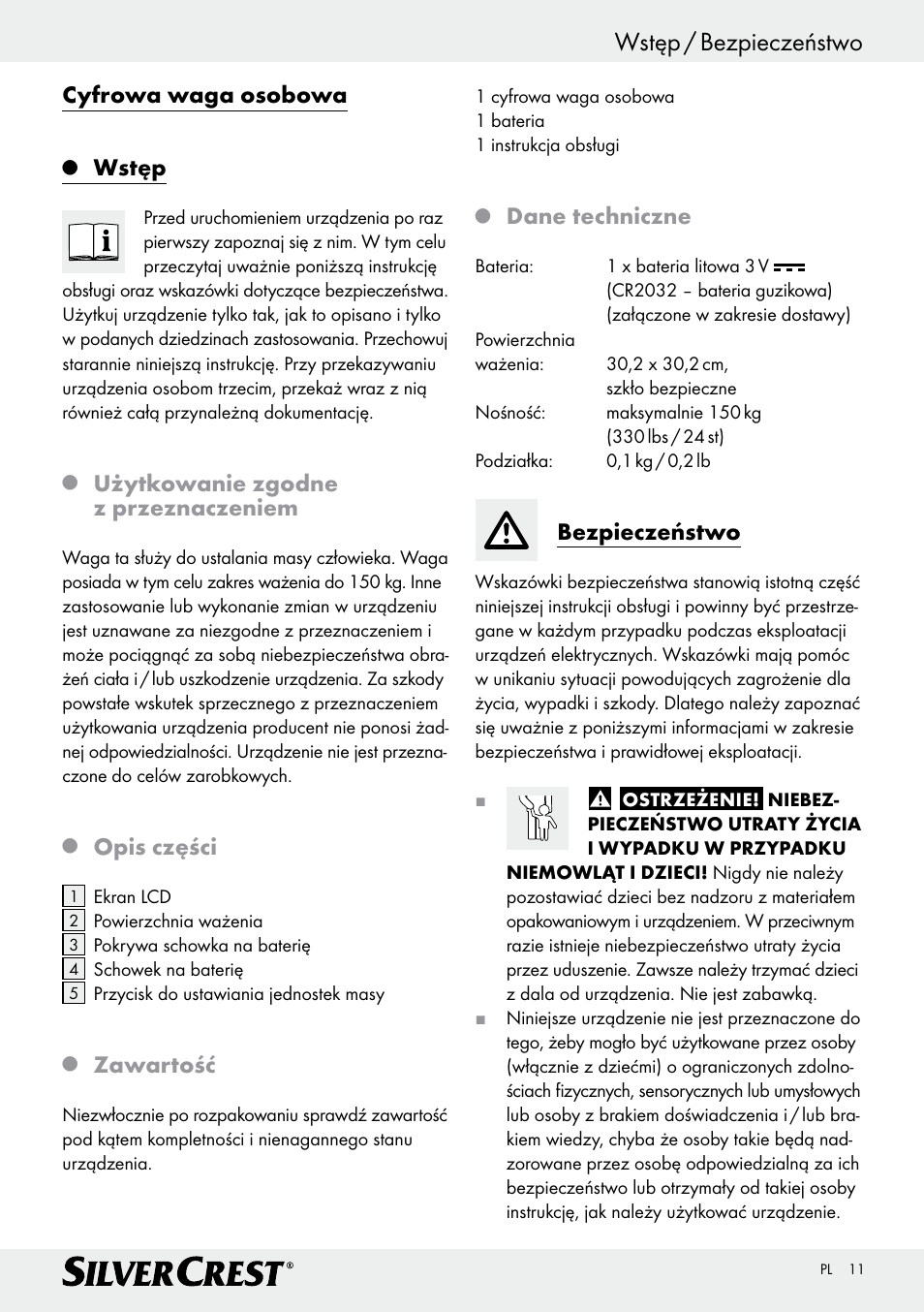 Wstęp / bezpieczeństwo, Cyfrowa waga osobowa, Wstęp | Użytkowanie zgodne z przeznaczeniem, Opis części, Zawartość, Dane techniczne, Bezpieczeństwo | Silvercrest Z29777A/ Z29777B User Manual | Page 11 / 41