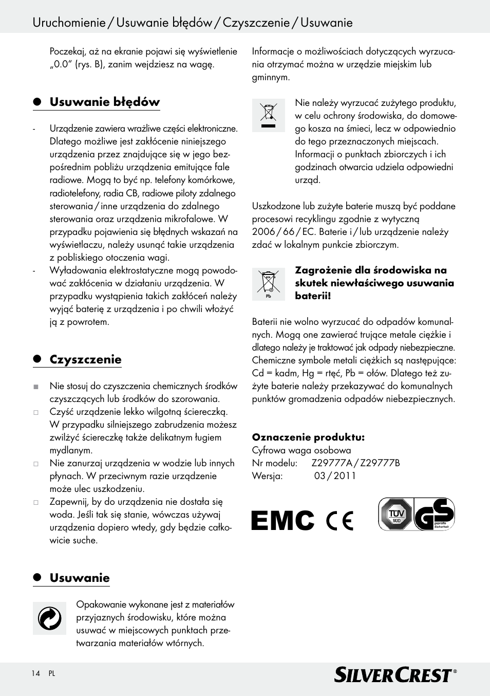 Usuwanie błędów, Czyszczenie, Usuwanie | Silvercrest Z29777A/ Z29777B User Manual | Page 14 / 41