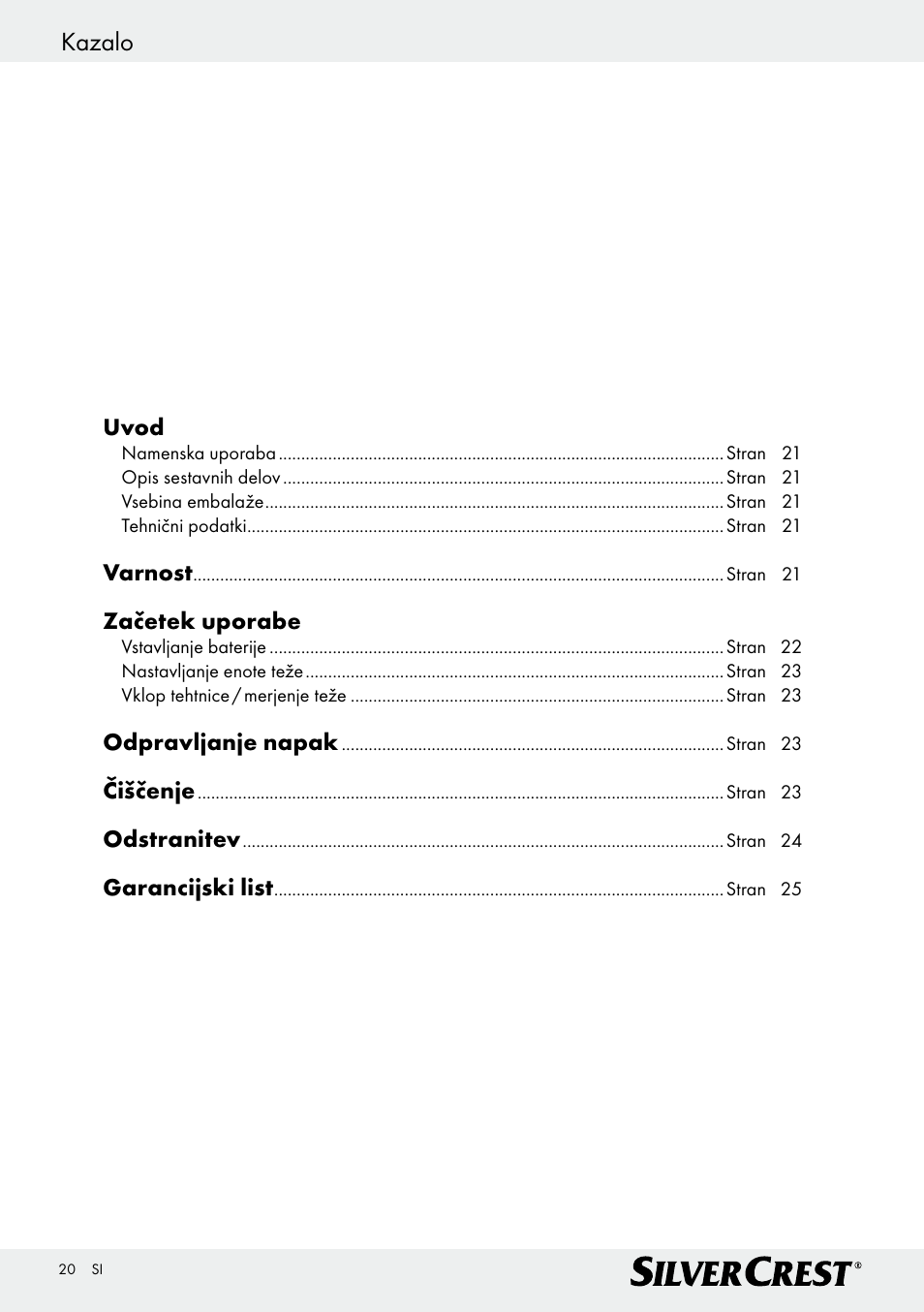 Kazalo | Silvercrest Z29777A/ Z29777B User Manual | Page 20 / 41