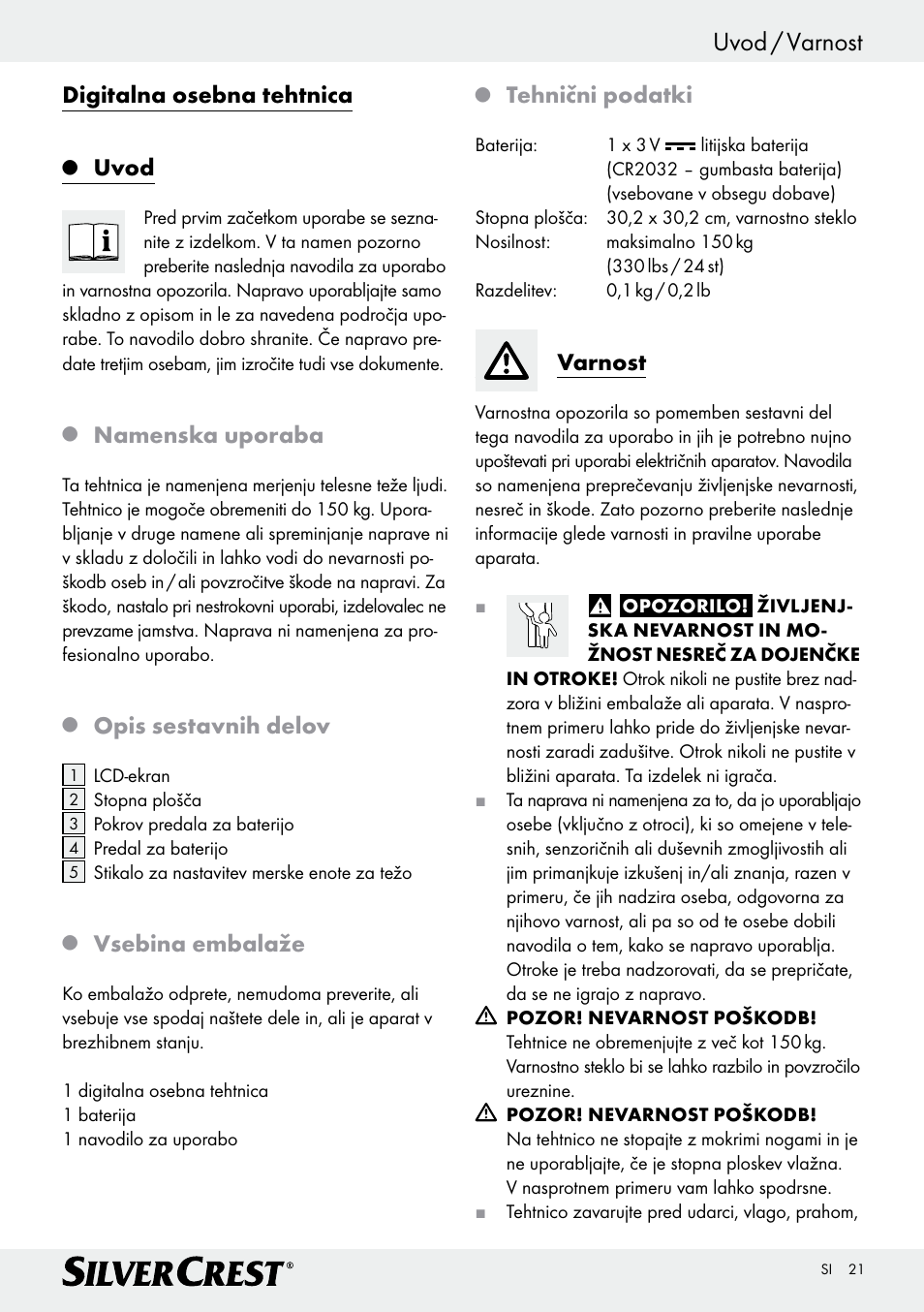 Uvod / varnost, Digitalna osebna tehtnica, Uvod | Namenska uporaba, Opis sestavnih delov, Vsebina embalaže, Tehnični podatki, Varnost | Silvercrest Z29777A/ Z29777B User Manual | Page 21 / 41