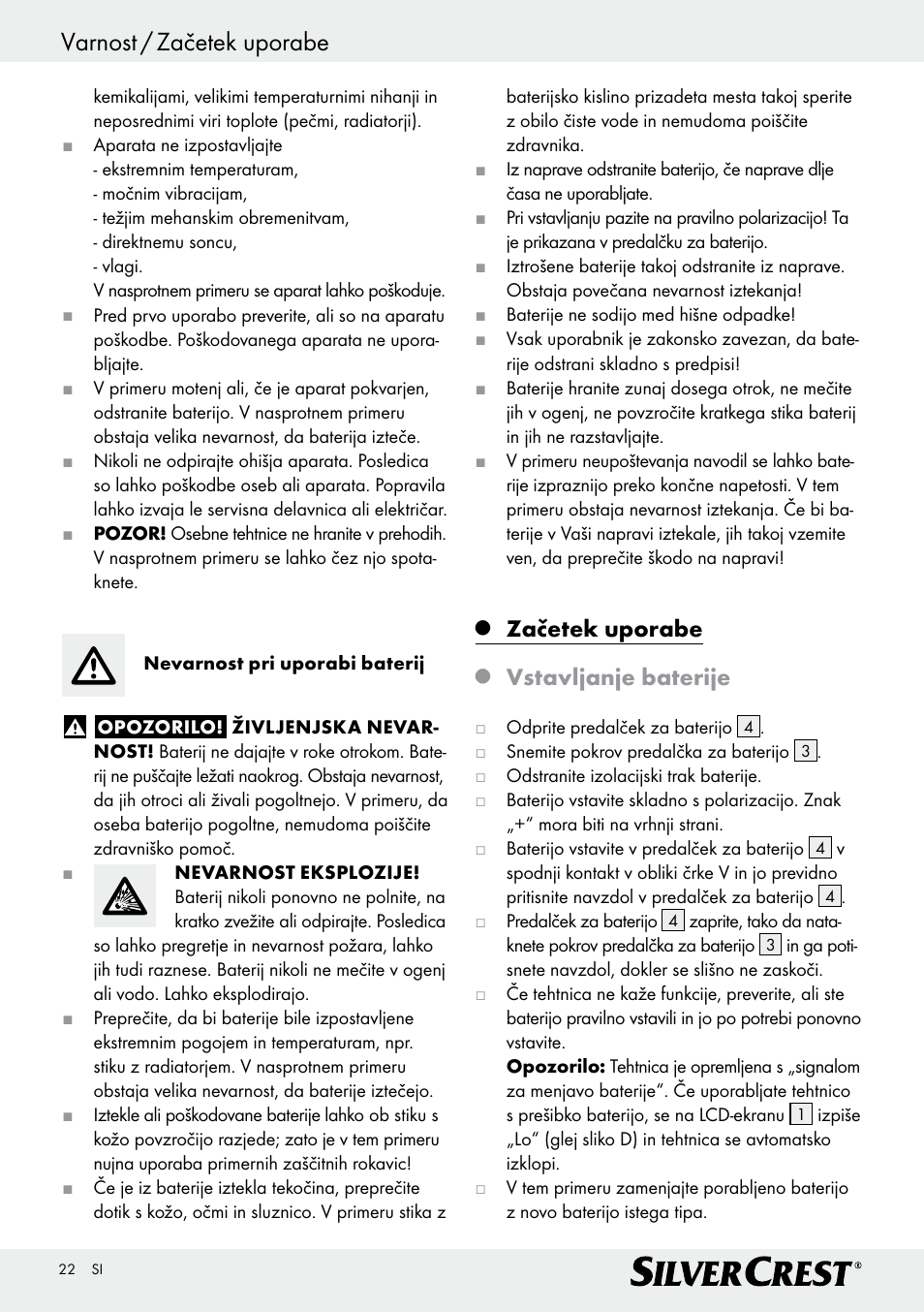 Varnost / začetek uporabe, Začetek uporabe, Vstavljanje baterije | Silvercrest Z29777A/ Z29777B User Manual | Page 22 / 41