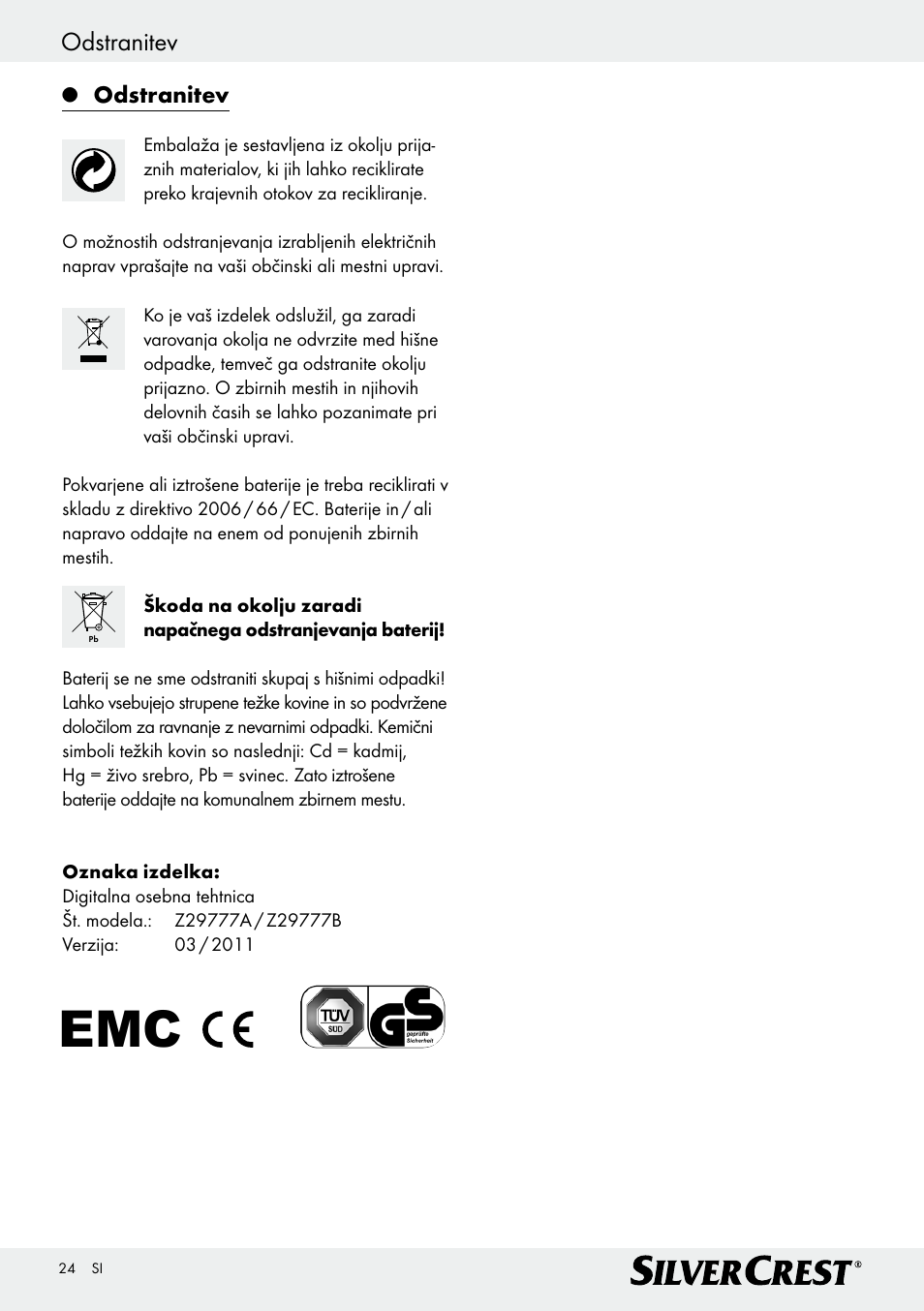 Odstranitev | Silvercrest Z29777A/ Z29777B User Manual | Page 24 / 41