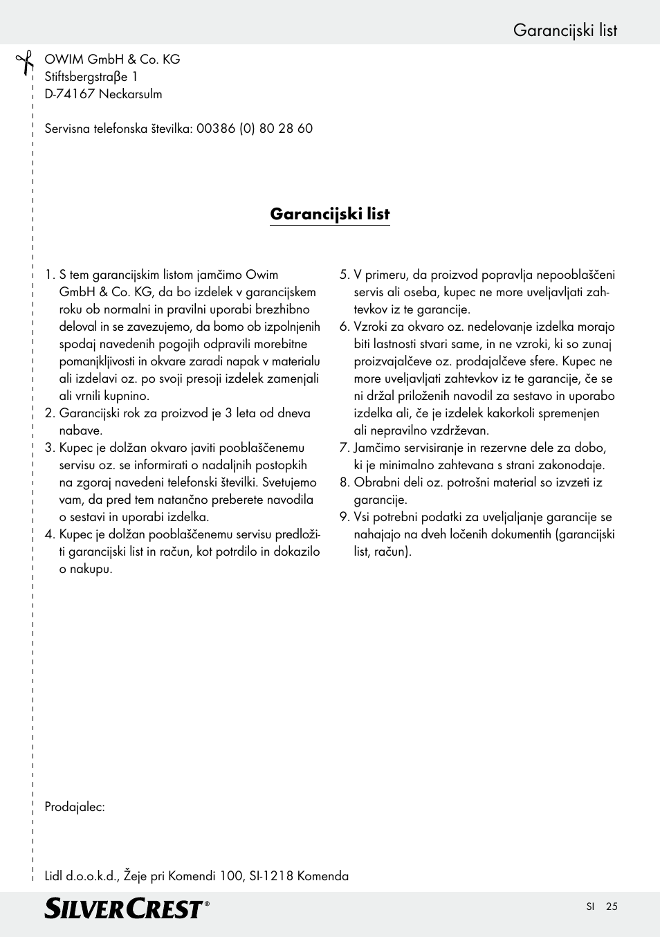 Garancijski list | Silvercrest Z29777A/ Z29777B User Manual | Page 25 / 41