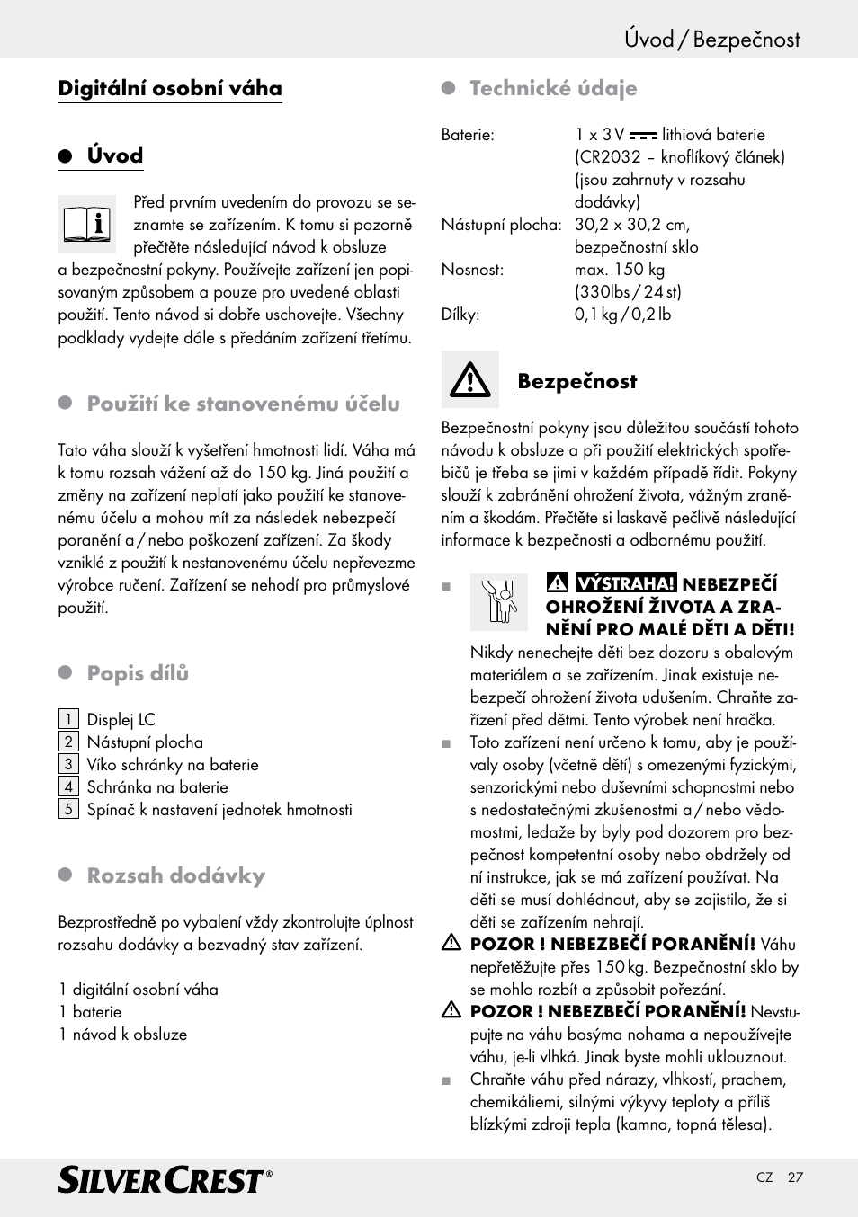Úvod / bezpečnost, Digitální osobní váha, Úvod | Použití ke stanovenému účelu, Popis dílů, Rozsah dodávky, Technické údaje, Bezpečnost | Silvercrest Z29777A/ Z29777B User Manual | Page 27 / 41