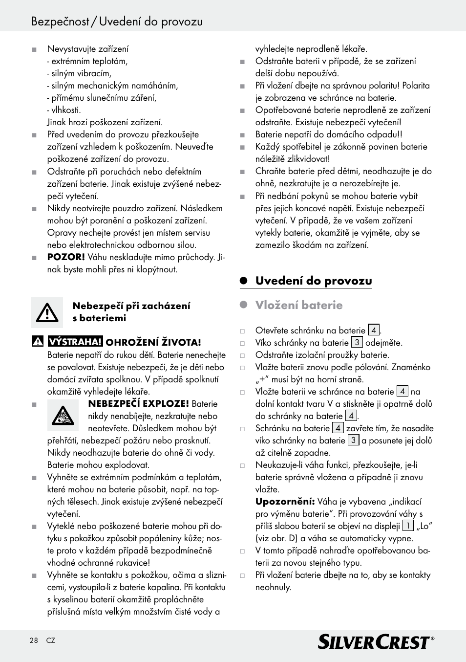 Bezpečnost / uvedení do provozu, Uvedení do provozu, Vložení baterie | Silvercrest Z29777A/ Z29777B User Manual | Page 28 / 41