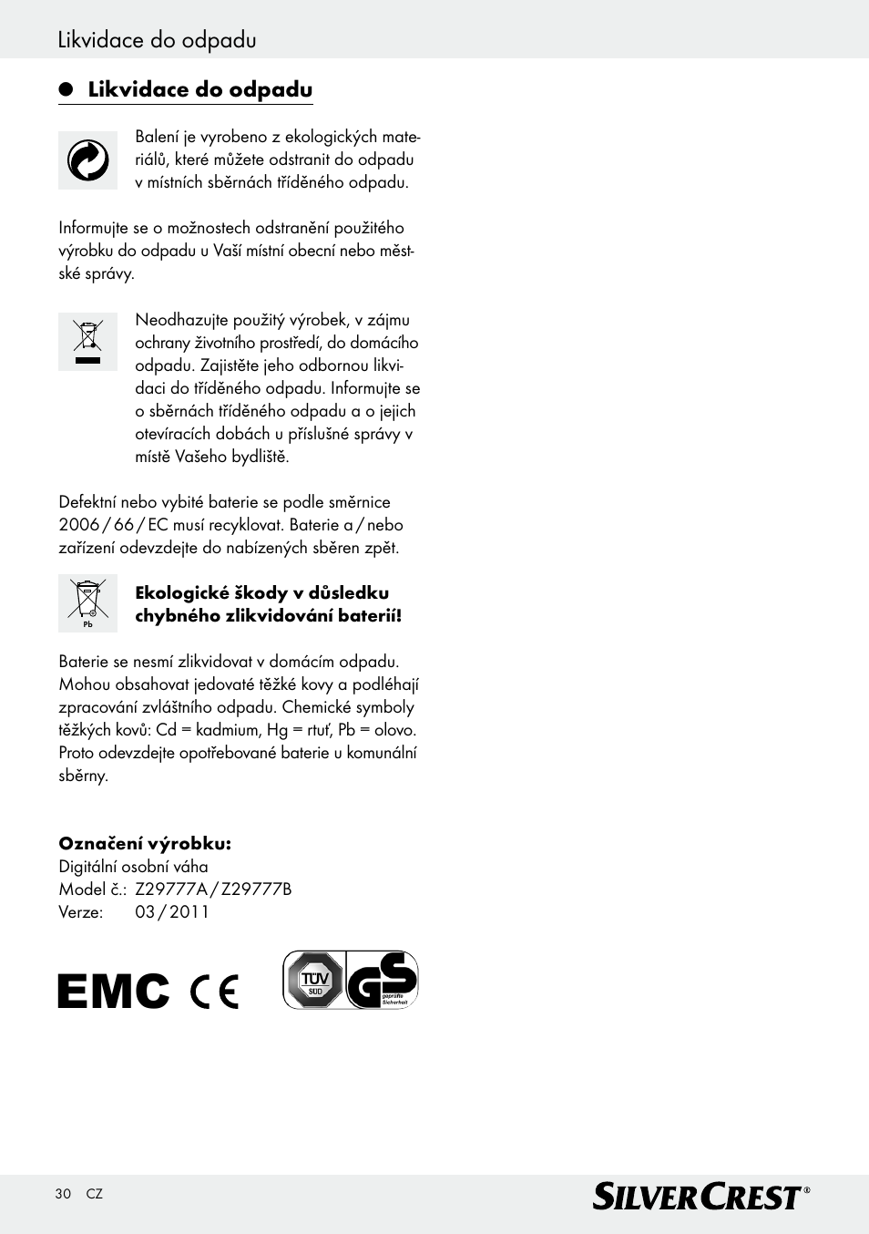 Likvidace do odpadu | Silvercrest Z29777A/ Z29777B User Manual | Page 30 / 41