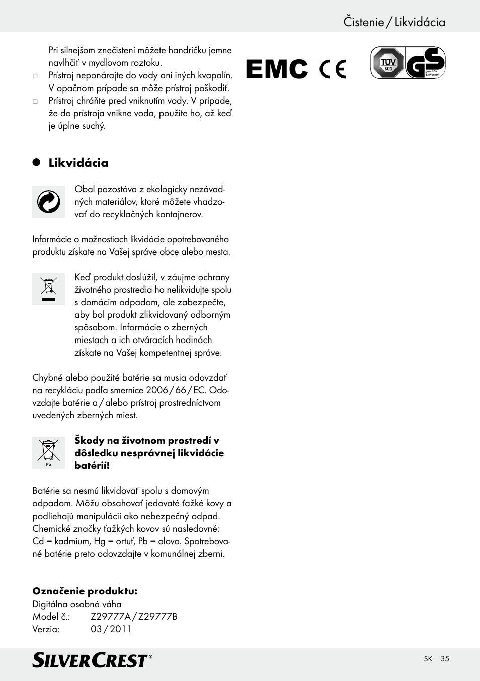 Čistenie / likvidácia, Likvidácia | Silvercrest Z29777A/ Z29777B User Manual | Page 35 / 41