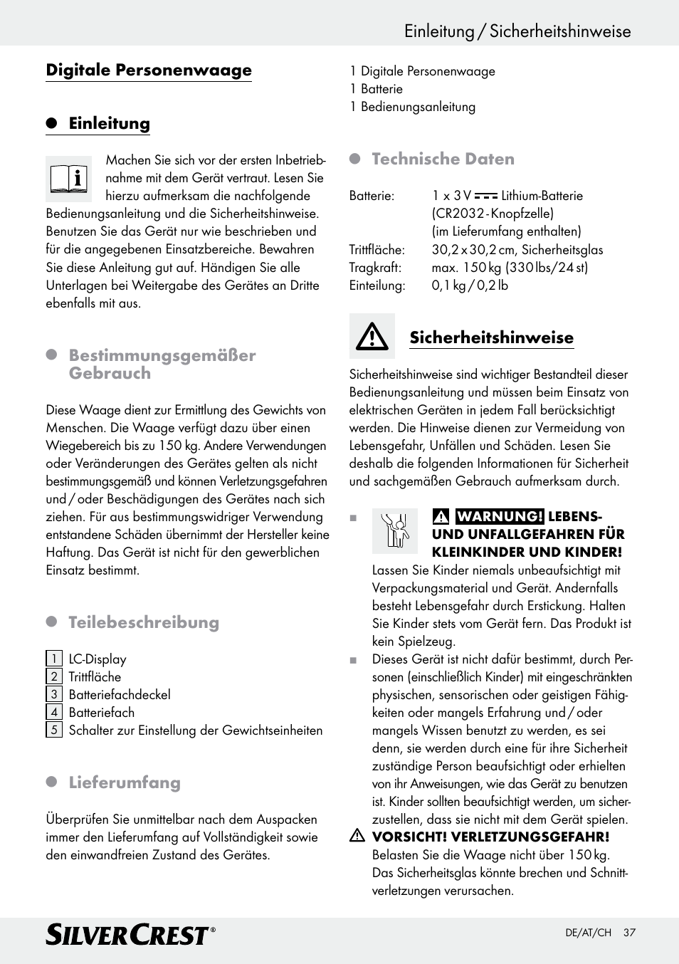 Einleitung / sicherheitshinweise, Digitale personenwaage, Einleitung | Bestimmungsgemäßer gebrauch, Teilebeschreibung, Lieferumfang, Technische daten, Sicherheitshinweise | Silvercrest Z29777A/ Z29777B User Manual | Page 37 / 41