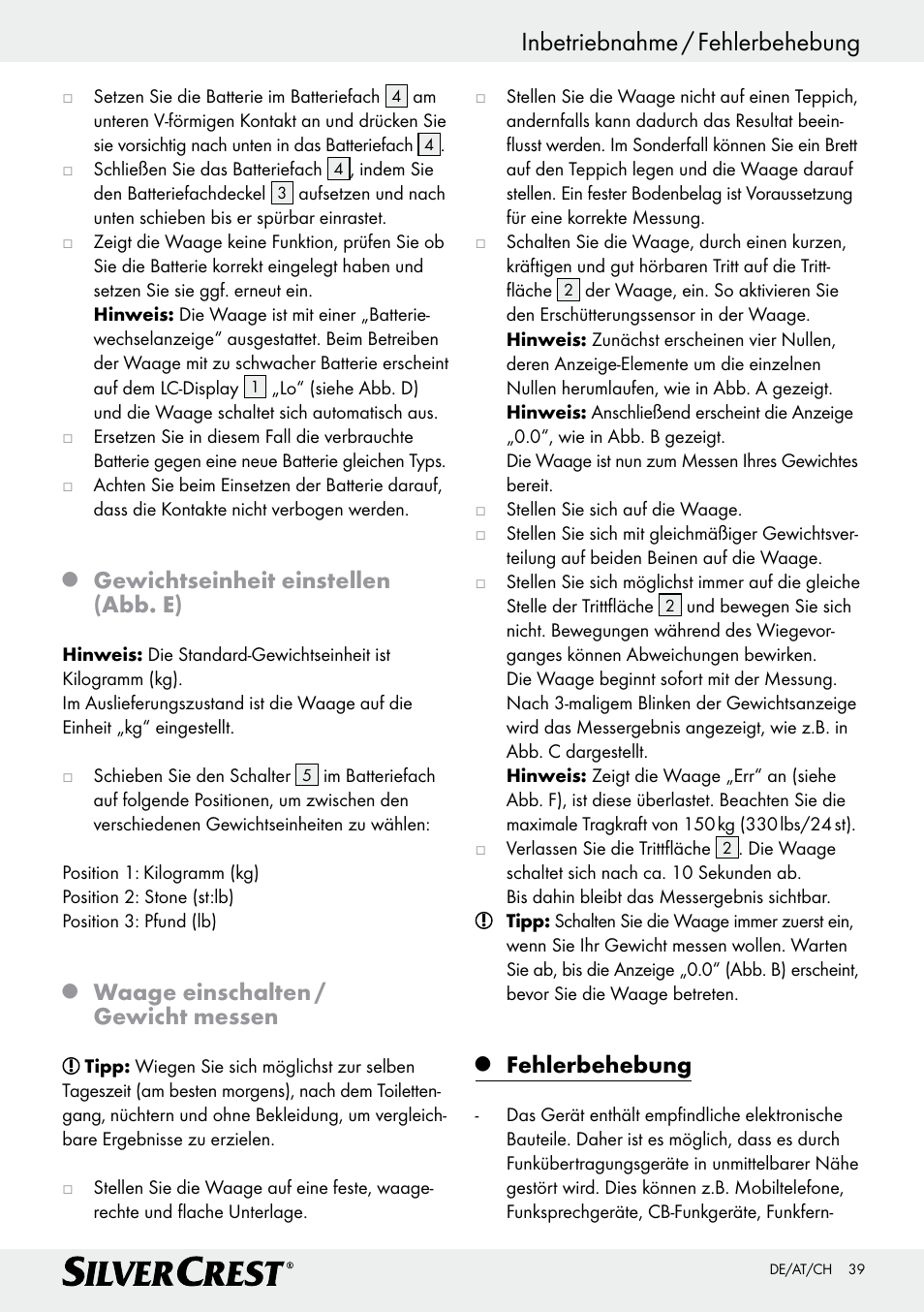 Inbetriebnahme / fehlerbehebung, Gewichtseinheit einstellen (abb. e), Waage einschalten / gewicht messen | Fehlerbehebung | Silvercrest Z29777A/ Z29777B User Manual | Page 39 / 41