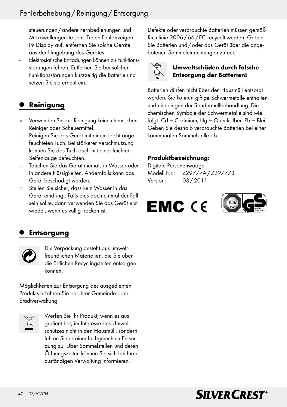 Fehlerbehebung / reinigung / entsorgung, Reinigung, Entsorgung | Silvercrest Z29777A/ Z29777B User Manual | Page 40 / 41