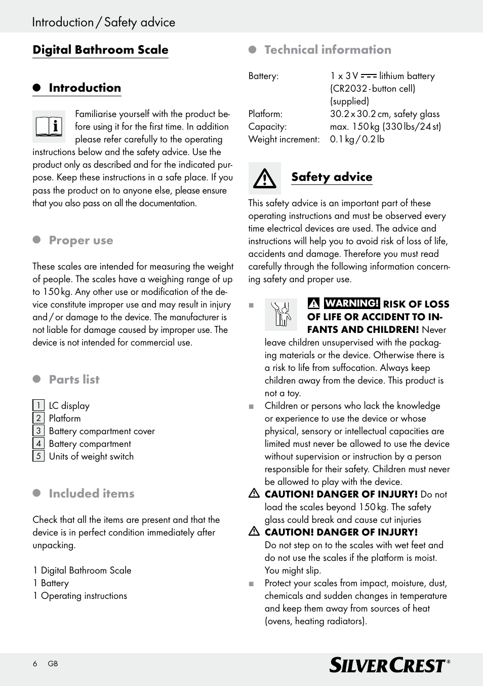 Introduction / safety advice, Digital bathroom scale, Introduction | Proper use, Parts list, Included items, Technical information, Safety advice | Silvercrest Z29777A/ Z29777B User Manual | Page 6 / 41