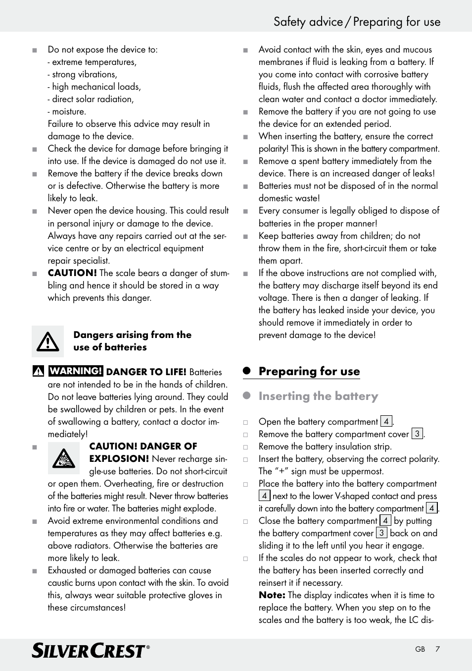Safety advice / preparing for use, Preparing for use, Inserting the battery | Silvercrest Z29777A/ Z29777B User Manual | Page 7 / 41