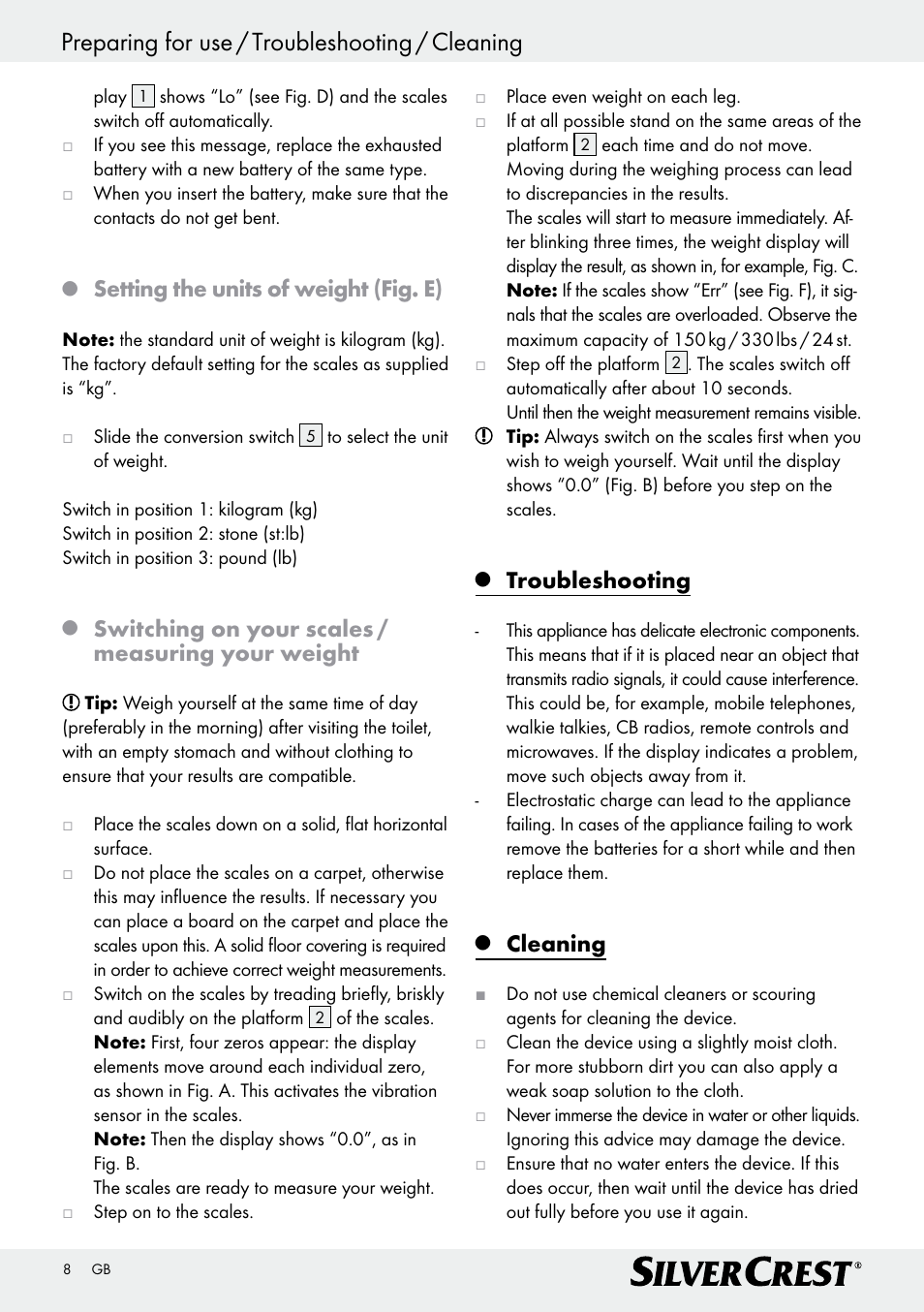Preparing for use / troubleshooting / cleaning, Setting the units of weight (fig. e), Switching on your scales / measuring your weight | Troubleshooting, Cleaning | Silvercrest Z29777A/ Z29777B User Manual | Page 8 / 41