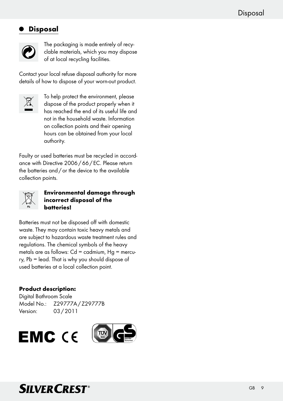 Disposal | Silvercrest Z29777A/ Z29777B User Manual | Page 9 / 41