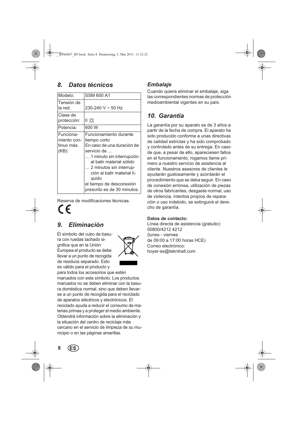 Datos técnicos, Eliminación, Garantía | Silvercrest SSM 600 A1 User Manual | Page 10 / 58