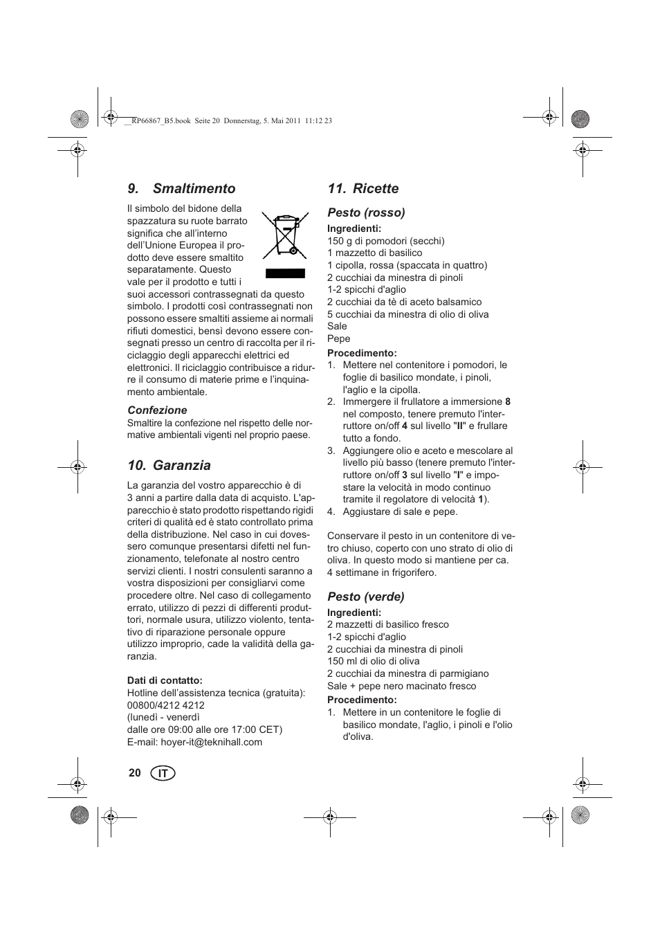 Smaltimento, Garanzia, Ricette | Silvercrest SSM 600 A1 User Manual | Page 22 / 58