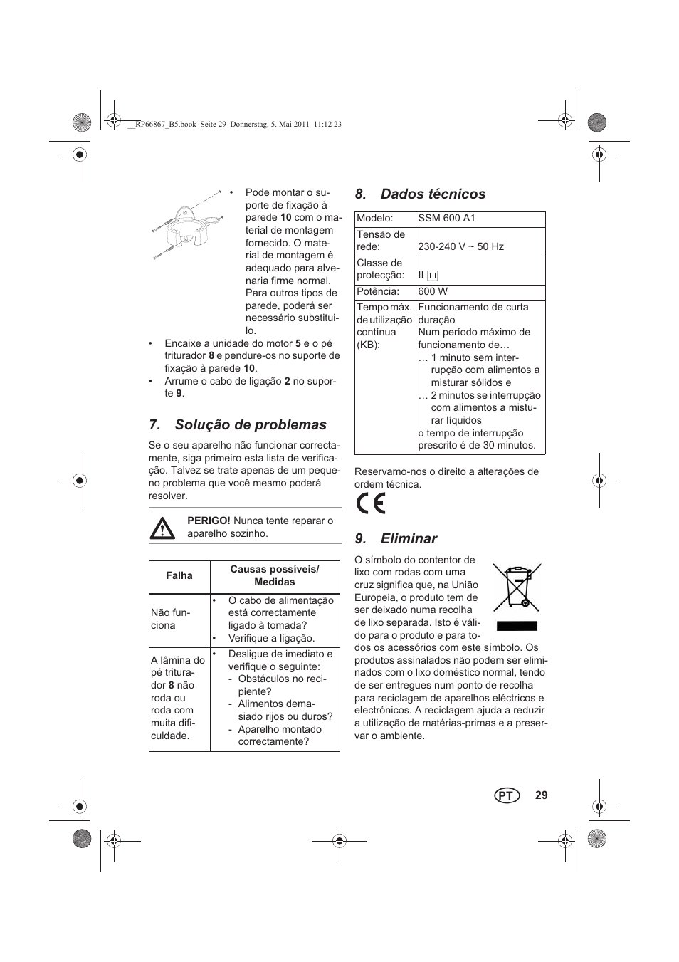 Solução de problemas, Dados técnicos, Eliminar | Silvercrest SSM 600 A1 User Manual | Page 31 / 58