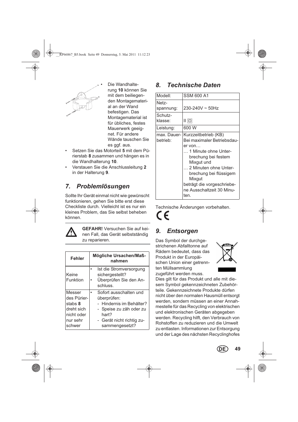 Problemlösungen, Technische daten, Entsorgen | Silvercrest SSM 600 A1 User Manual | Page 51 / 58