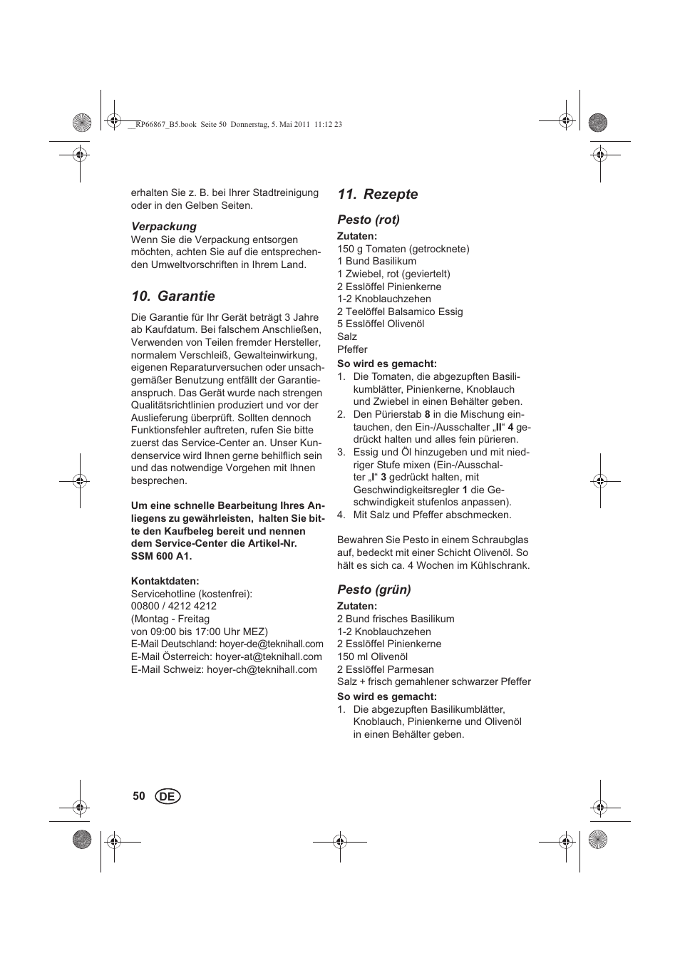 Garantie, Rezepte | Silvercrest SSM 600 A1 User Manual | Page 52 / 58