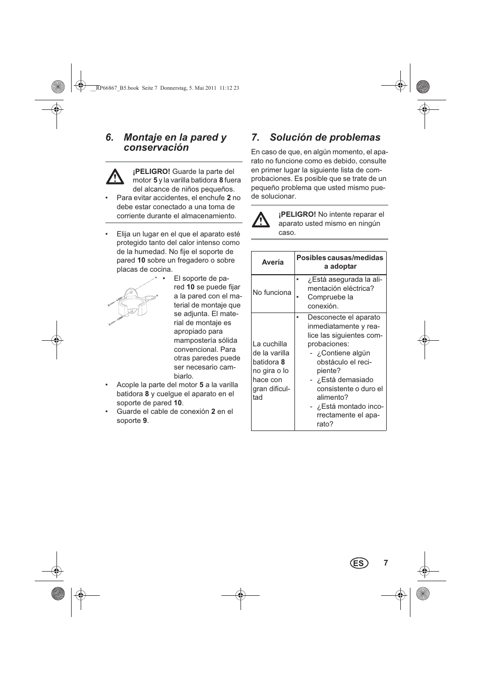 Montaje en la pared y conservación, Solución de problemas | Silvercrest SSM 600 A1 User Manual | Page 9 / 58