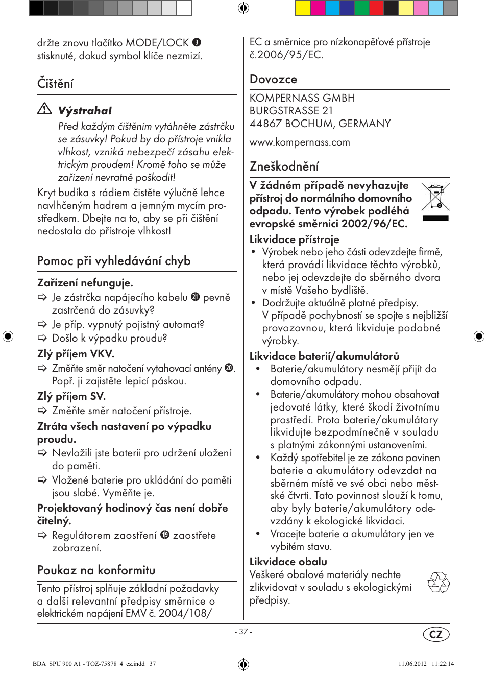 Čištění, Pomoc při vyhledávání chyb, Poukaz na konformitu | Dovozce, Zneškodnění | Silvercrest SPU 900 A1 User Manual | Page 39 / 66