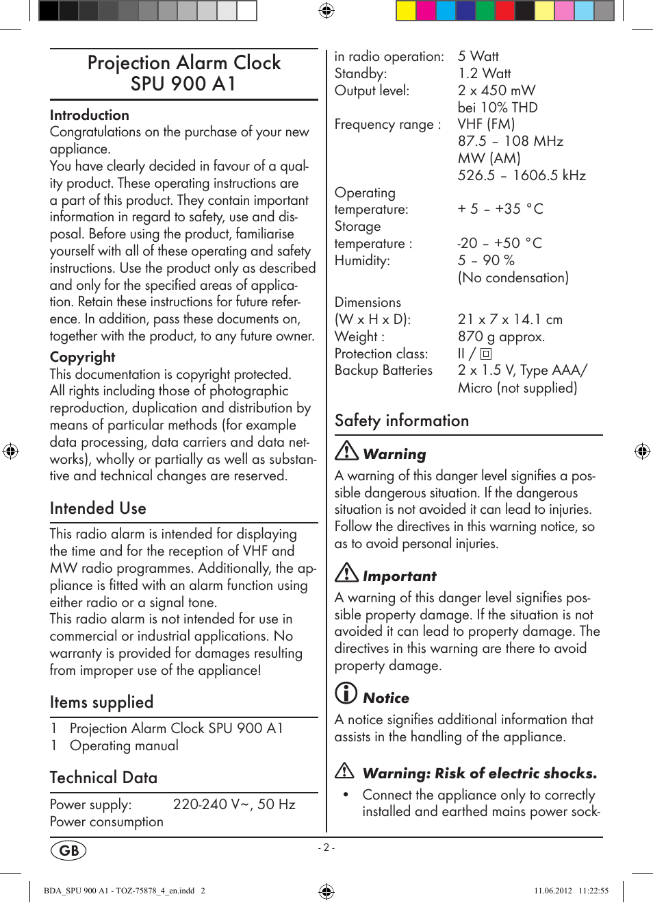 Projection alarm clock spu 900 a1, Intended use, Items supplied | Technical data, Safety information | Silvercrest SPU 900 A1 User Manual | Page 4 / 66