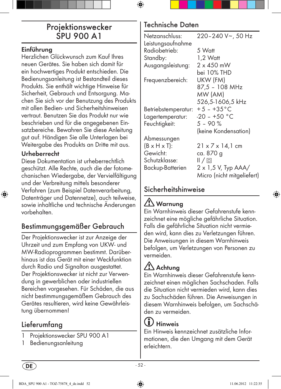 Projektionswecker spu 900 a1, Bestimmungsgemäßer gebrauch, Lieferumfang | Technische daten, Sicherheitshinweise | Silvercrest SPU 900 A1 User Manual | Page 54 / 66