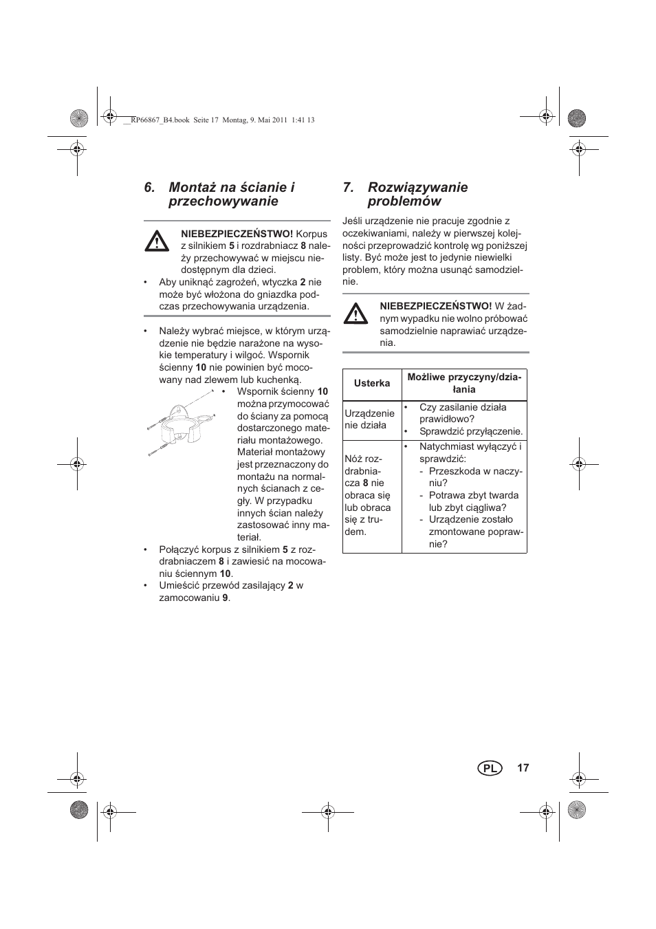 Monta na cianie i przechowywanie, Rozwizywanie problemów | Silvercrest SSM 600 A1 User Manual | Page 19 / 78