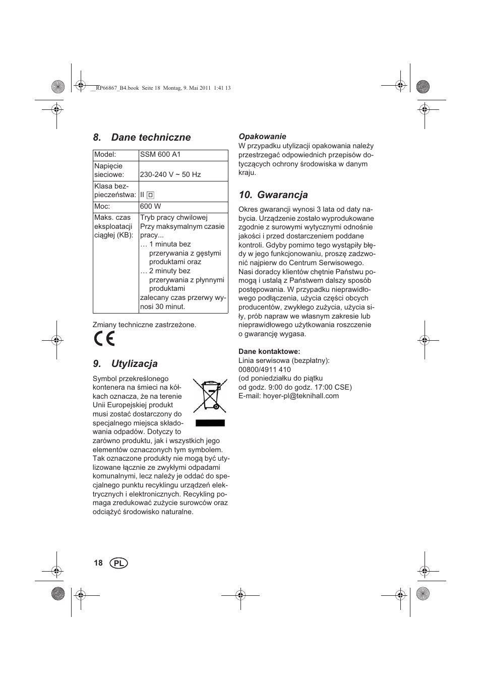 Dane techniczne, Utylizacja, Gwarancja | Silvercrest SSM 600 A1 User Manual | Page 20 / 78