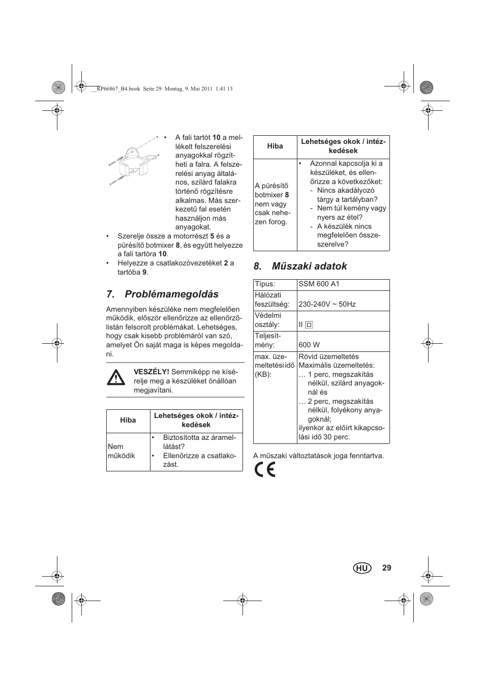 Problémamegoldás, Mszaki adatok | Silvercrest SSM 600 A1 User Manual | Page 31 / 78