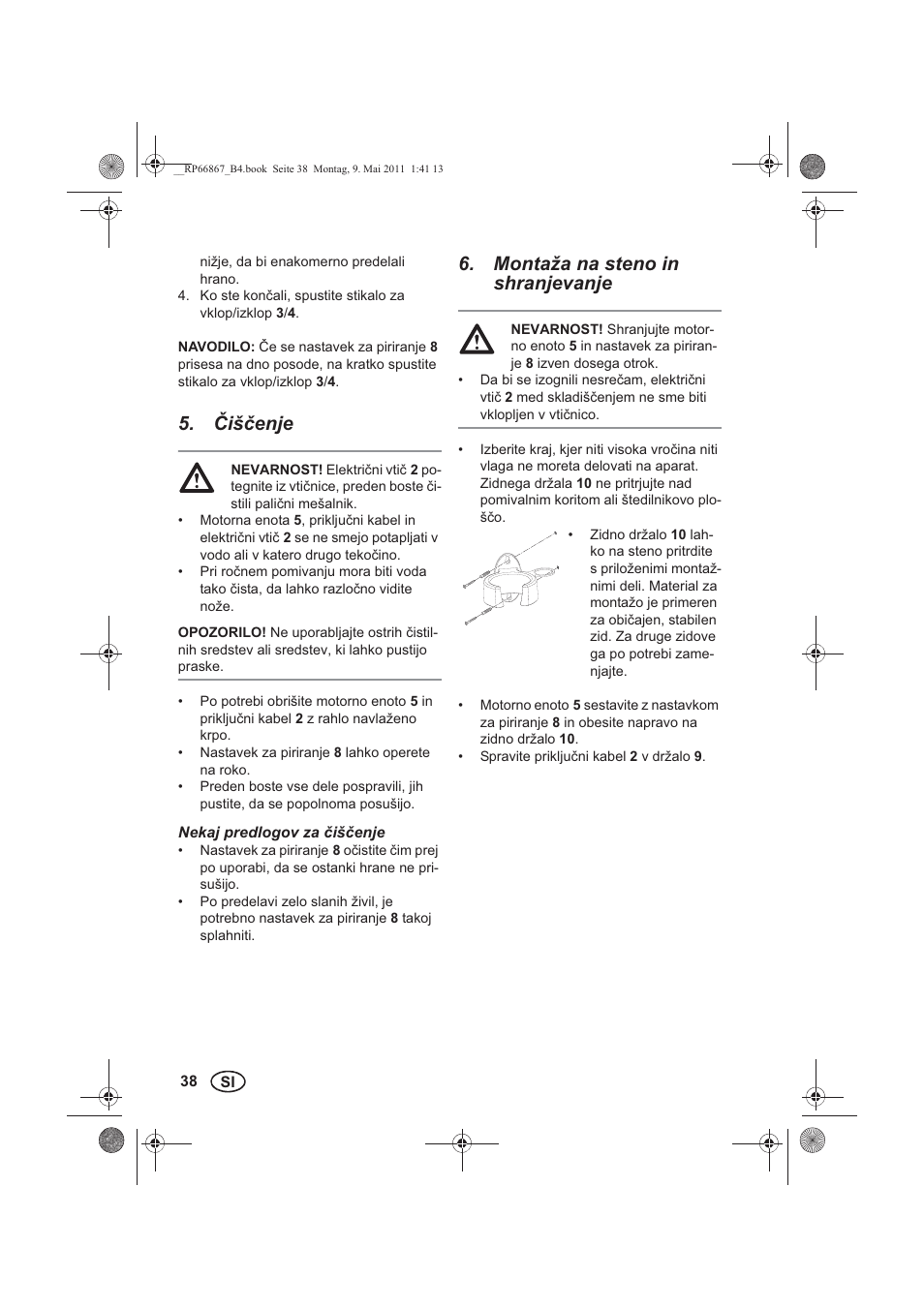 išenje, Montaža na steno in shranjevanje | Silvercrest SSM 600 A1 User Manual | Page 40 / 78