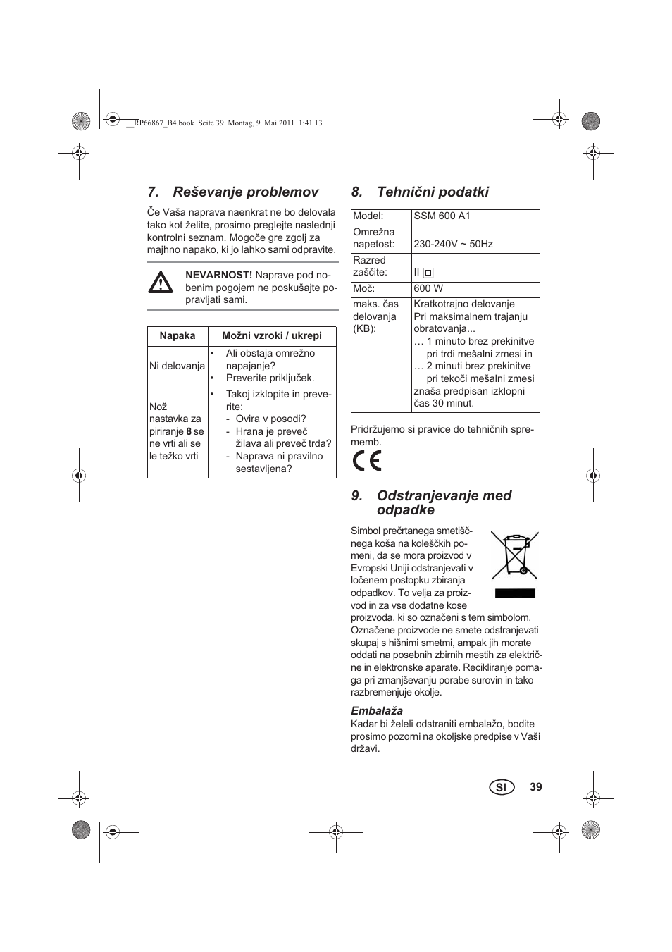 Reševanje problemov, Tehnini podatki, Odstranjevanje med odpadke | Silvercrest SSM 600 A1 User Manual | Page 41 / 78