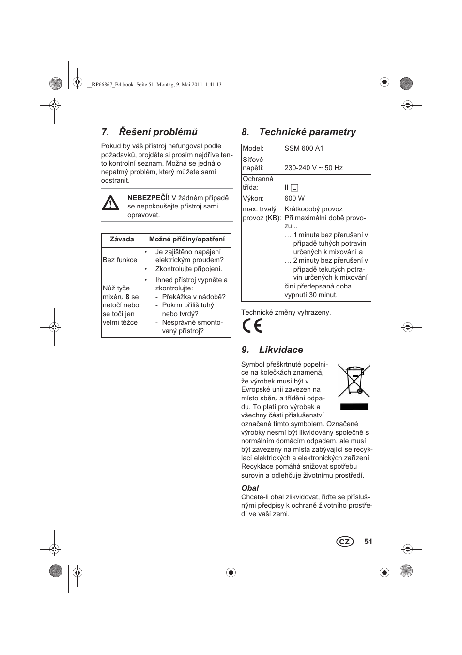 ešení problém, Technické parametry, Likvidace | Silvercrest SSM 600 A1 User Manual | Page 53 / 78