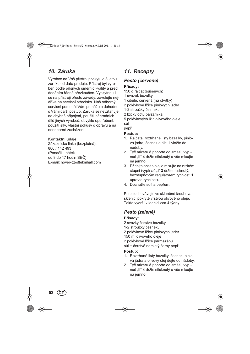 Záruka, Recepty | Silvercrest SSM 600 A1 User Manual | Page 54 / 78