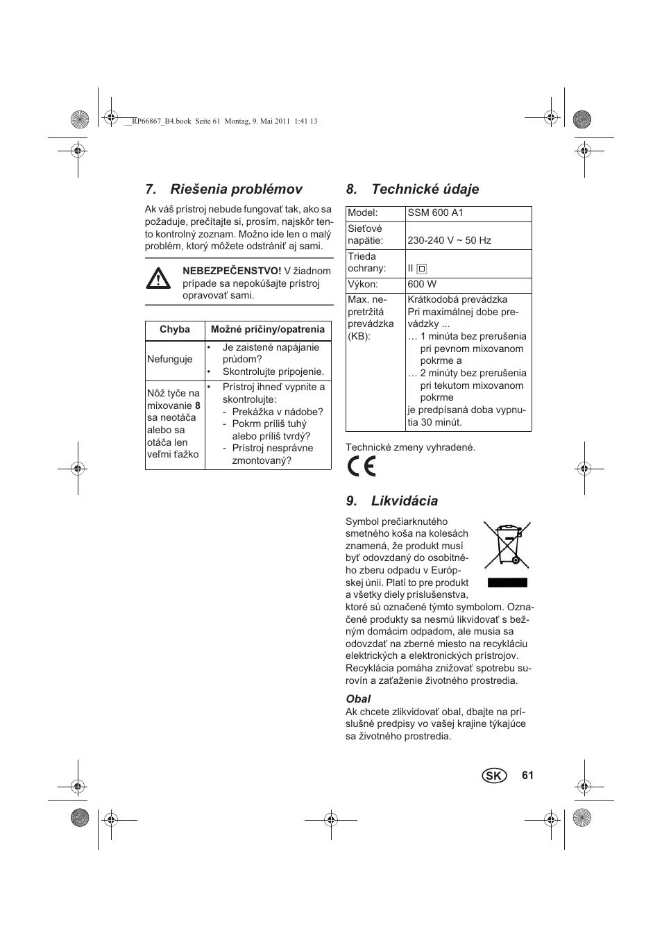 Riešenia problémov, Technické údaje, Likvidácia | Silvercrest SSM 600 A1 User Manual | Page 63 / 78