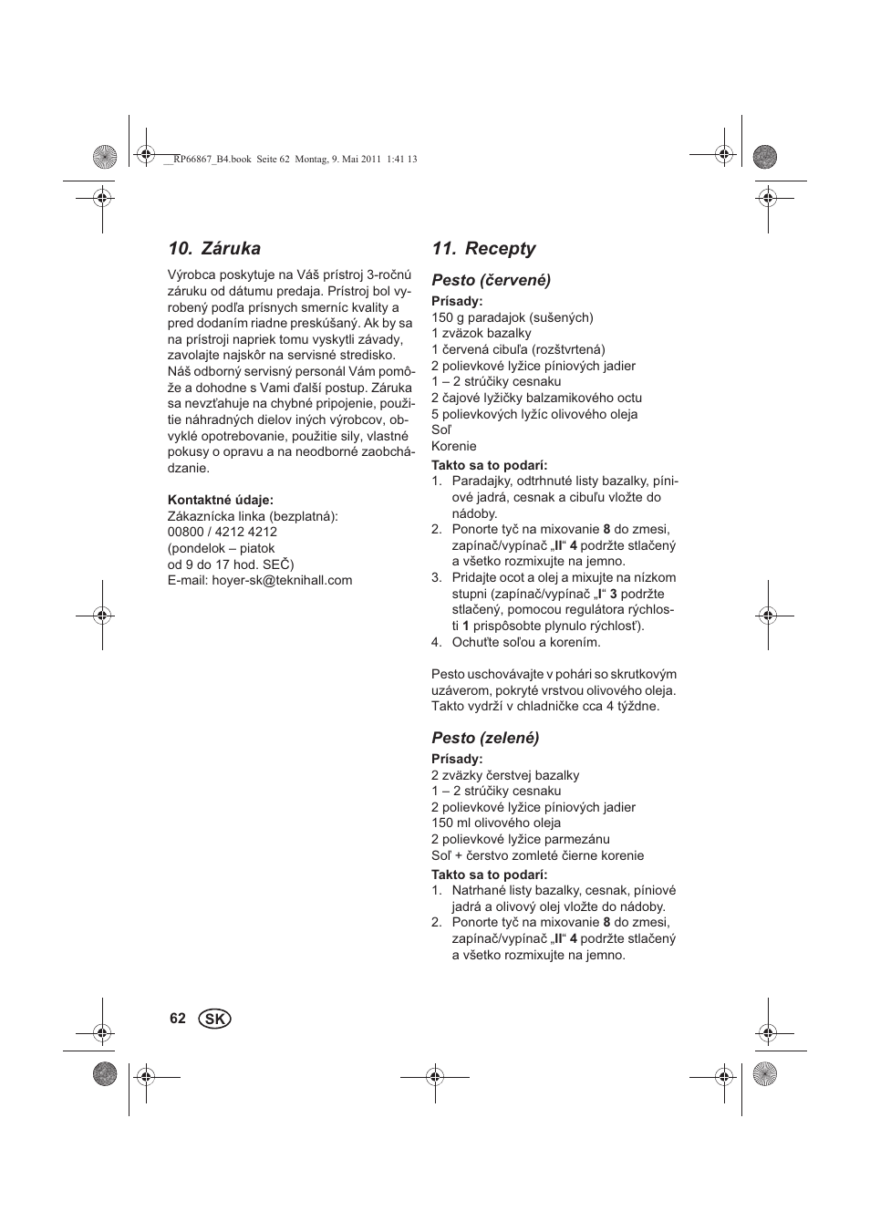 Záruka, Recepty | Silvercrest SSM 600 A1 User Manual | Page 64 / 78