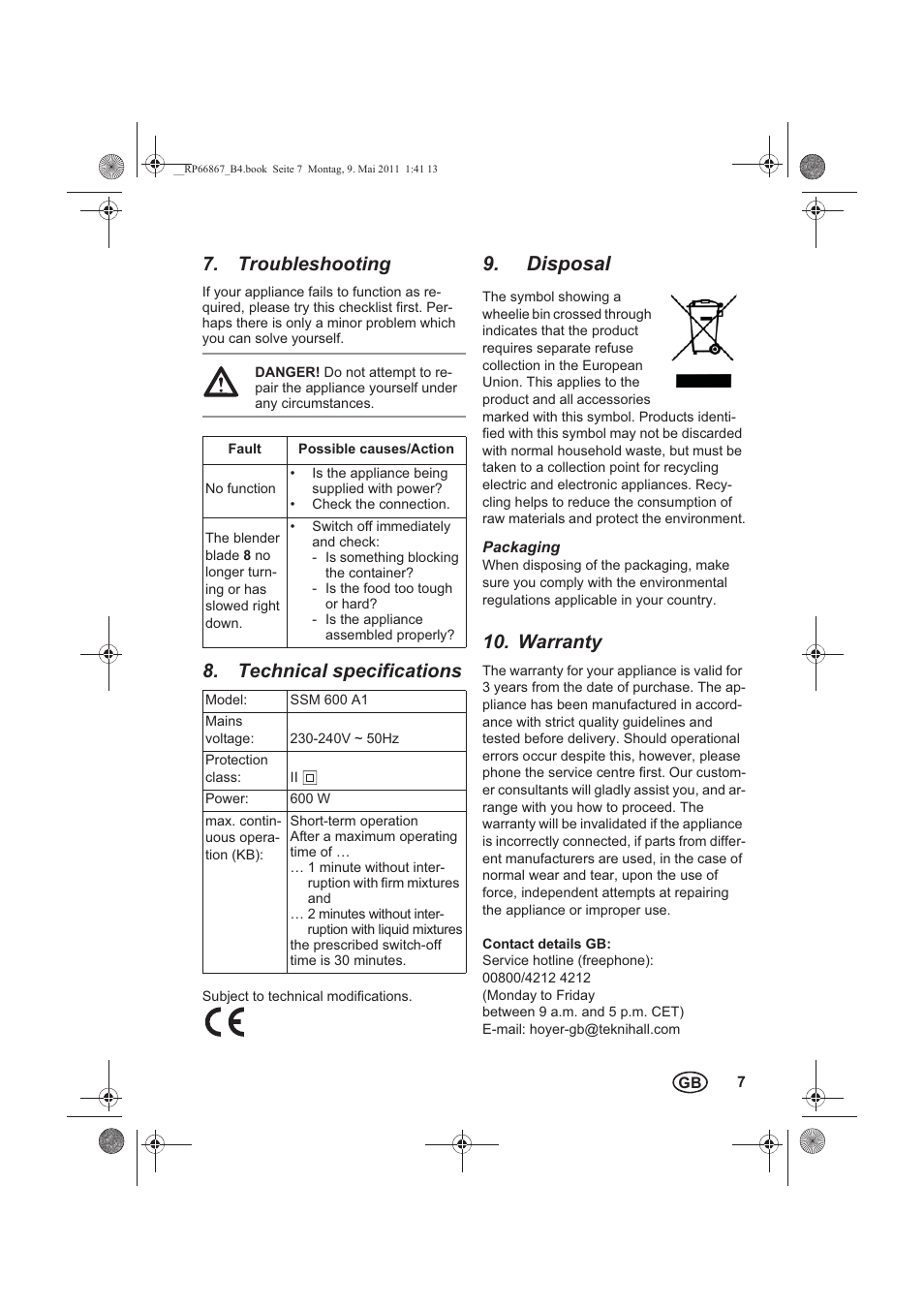 Troubleshooting, Technical specifications, Disposal | Warranty | Silvercrest SSM 600 A1 User Manual | Page 9 / 78