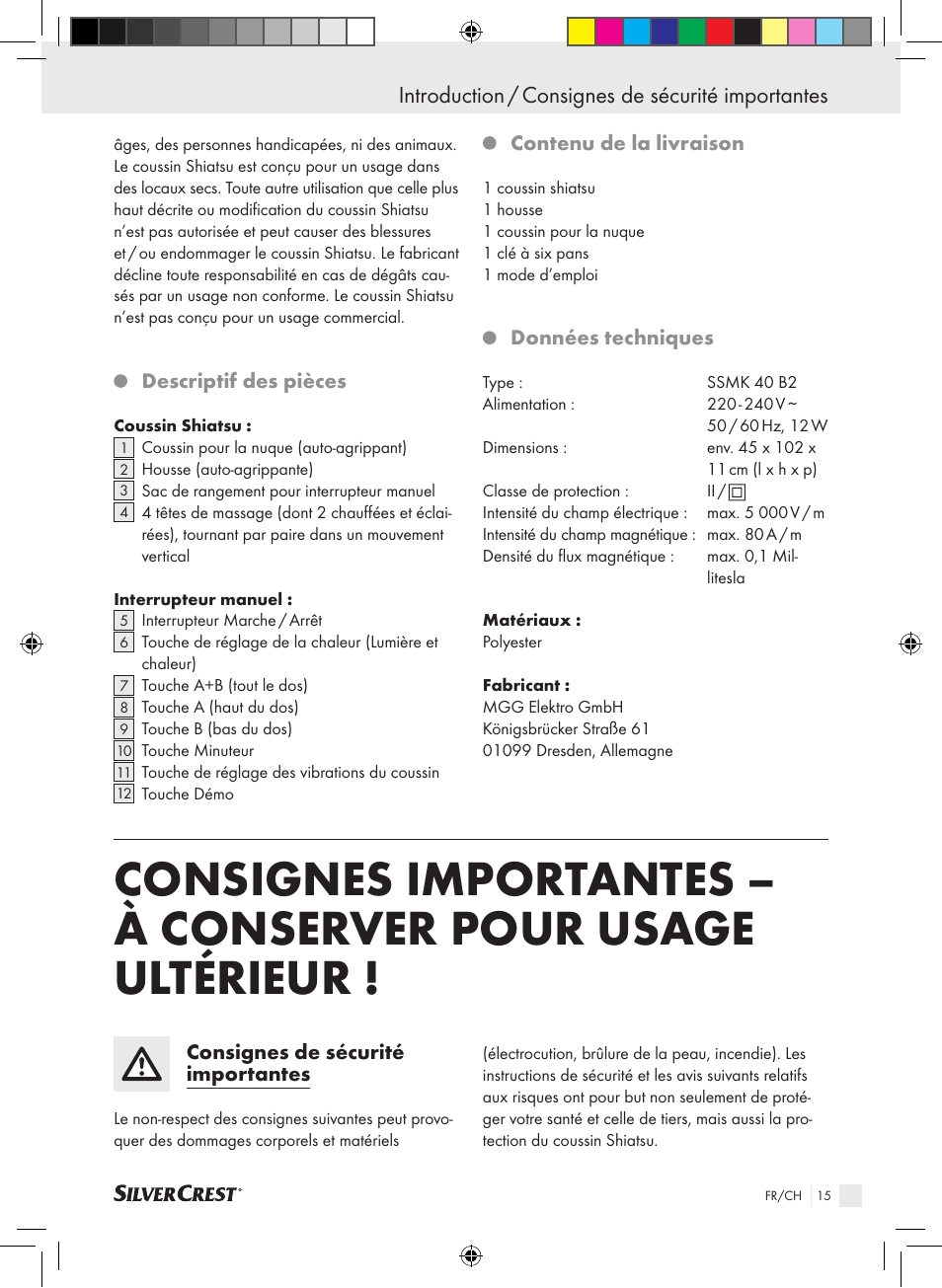 Introduction / consignes de sécurité importantes | Silvercrest SSMK 40 B2 User Manual | Page 15 / 45